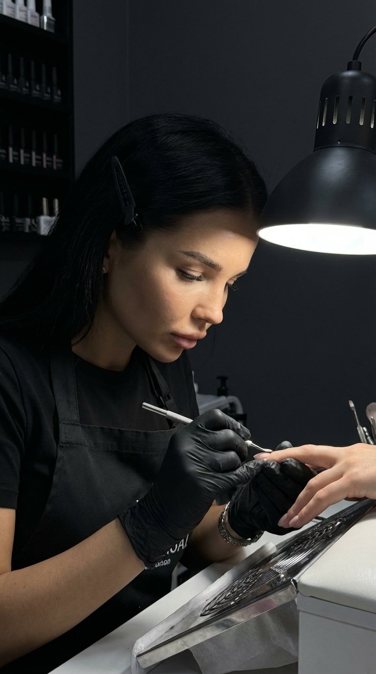 4.Create an image of a female nail master wearing a black professional uniform, sitting at her workstation in a bright nail studio. The room is mostly dark except for a focused lamp light shining over the workspace. Her hair is pinned to one side with a b
