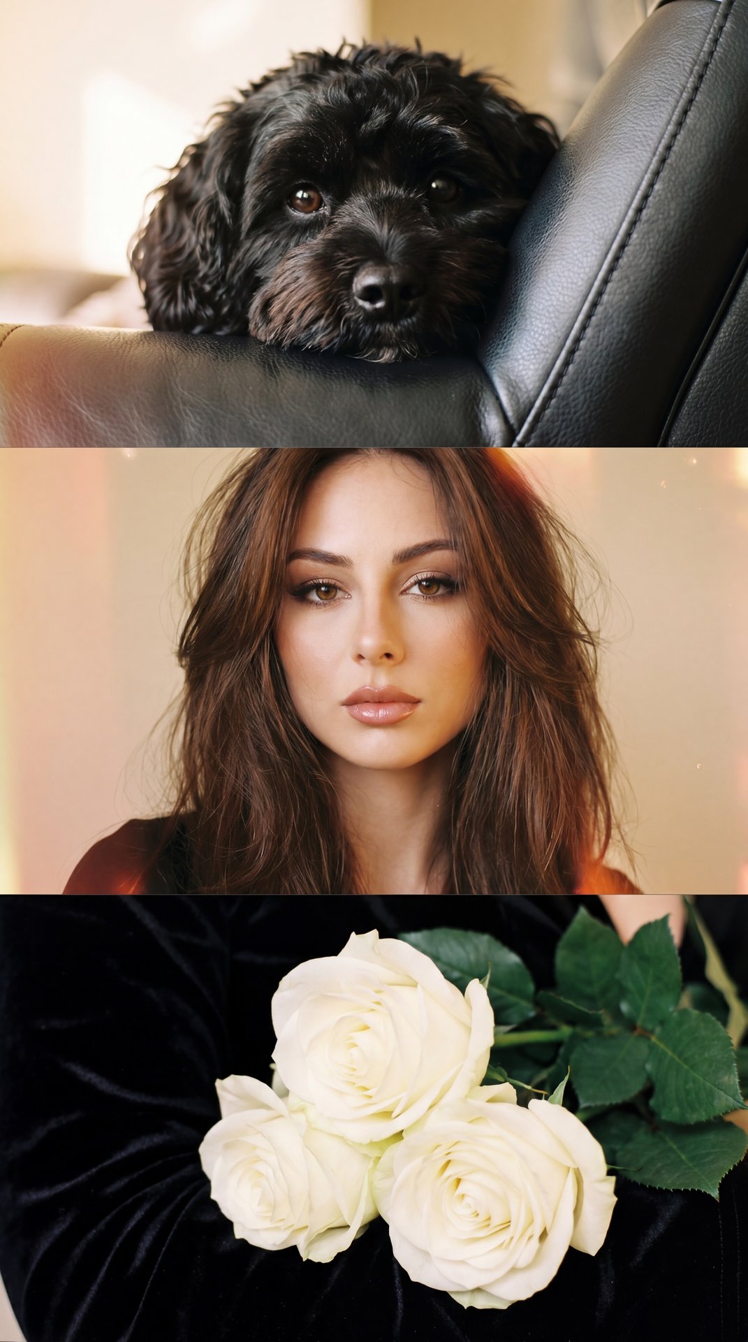 The image is a collage of three distinct sections arranged vertically.

1. **Top Section**: A close-up of a small black dog with shiny, textured fur. The dog is nestled comfortably in someone's arms, peeking over a dark, possibly leather surface. The focu