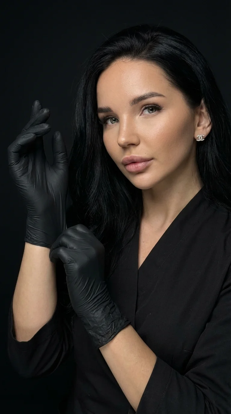 3.Create an image of the same female depilation master in a dark studio with a black background. She wears black professional clothing and black gloves, captured in a close-up moment as she pulls on one glove with precision, adjusting it before beginning 