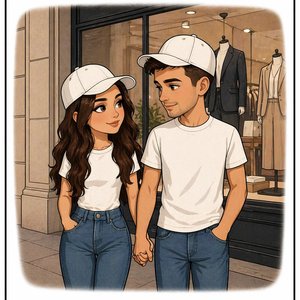 Создай изображение Наклейки в стиле "Love is...". Белый фон, чёрная рамка по всему периметру, сверху крупно "Любовь это...", маленькие розовые сердечки.

В центре мультяшная девушка (с внешностью в точности как на фото 1), карими глазами, с длинными корич