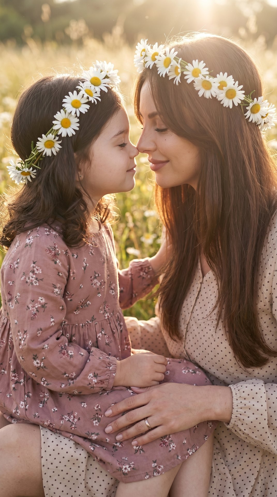 Professional, high‑resolution portrait, medium close‑up, slightly high angle, vertical frame; golden‑hour sunlit meadow background with creamy bokeh; an adult and a child seated very close wearing fresh daisy flower crowns with green stems that drape over
