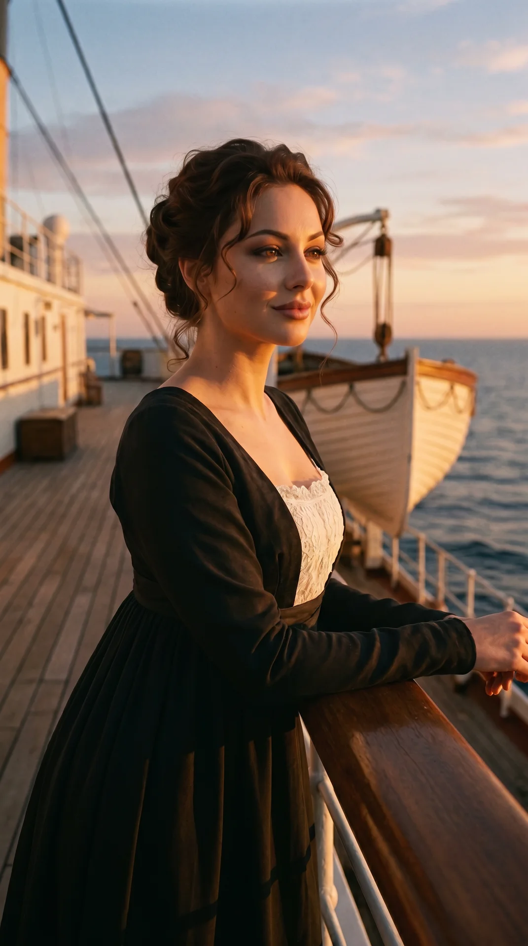 3) 
Use the uploaded SCENE REFERENCE image as an ABSOLUTE STRICT reference for:

• composition  
• pose  
• framing  
• Titanic ship deck environment  
• historical outfit  
• hairstyle  
• facial expression mood  
• warm sunset lighting  
• ship architec