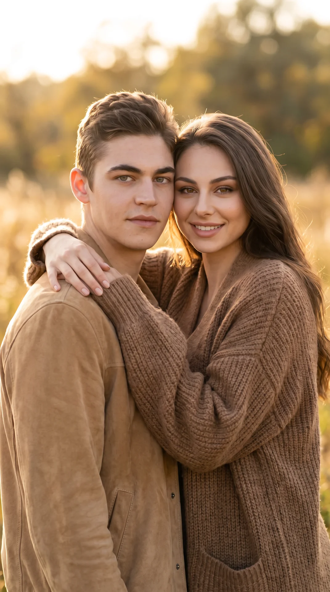 Hyperrealistic, indistinguishable from a real photo, 9:16 vertical. Eye-level, straight-on medium close-up, chest-up framing; heads and shoulders fill the frame. Outdoor meadow at golden hour; warm backlight with soft front fill; shallow depth (f/1.8) for