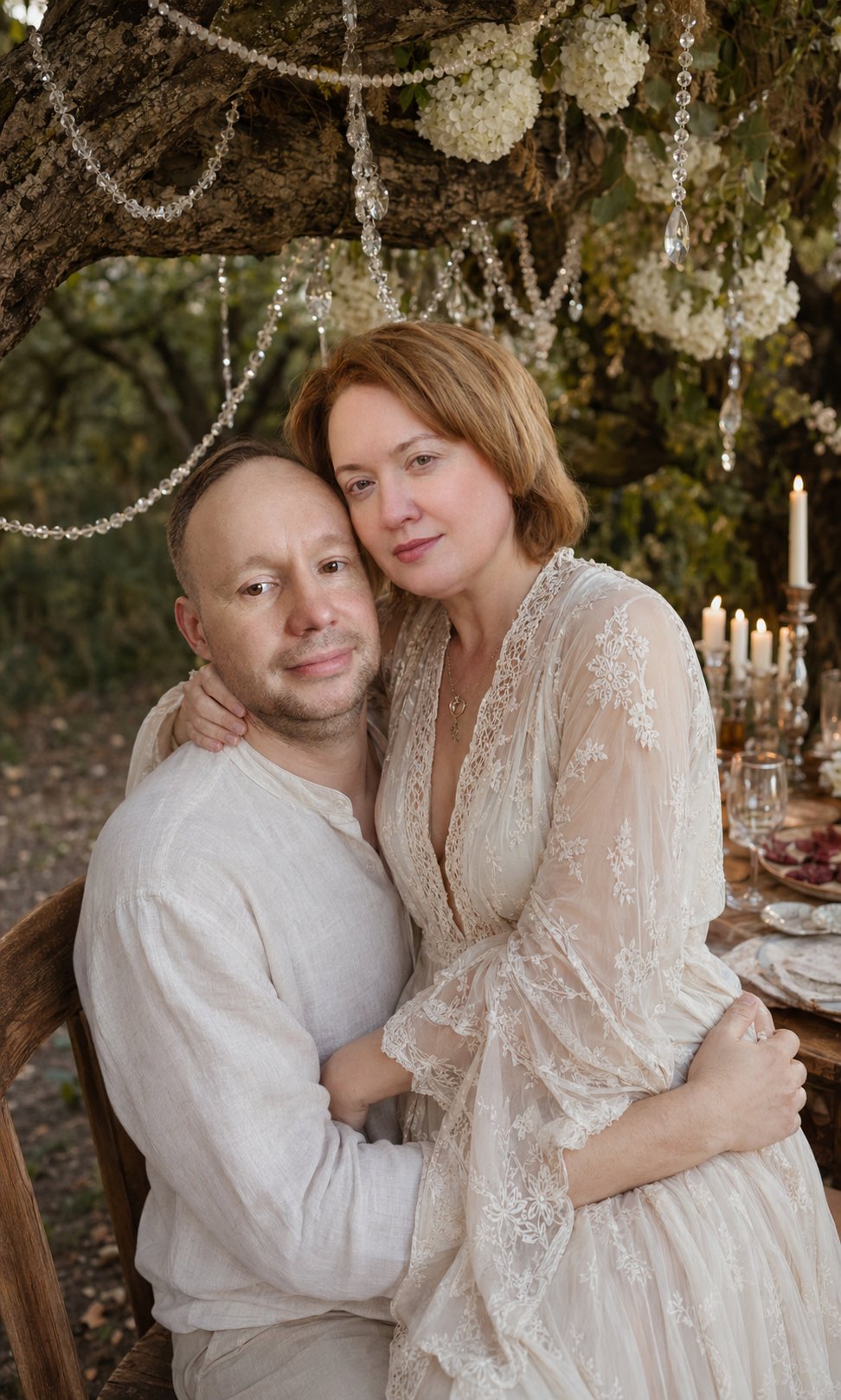 Close medium shot from a slightly elevated high angle, very intimate bohemian wedding portrait.

Strictly preserve the EXACT faces from the reference image — 100% identical features, skin texture, hair, expressions and proportions. Do not modify faces.

T