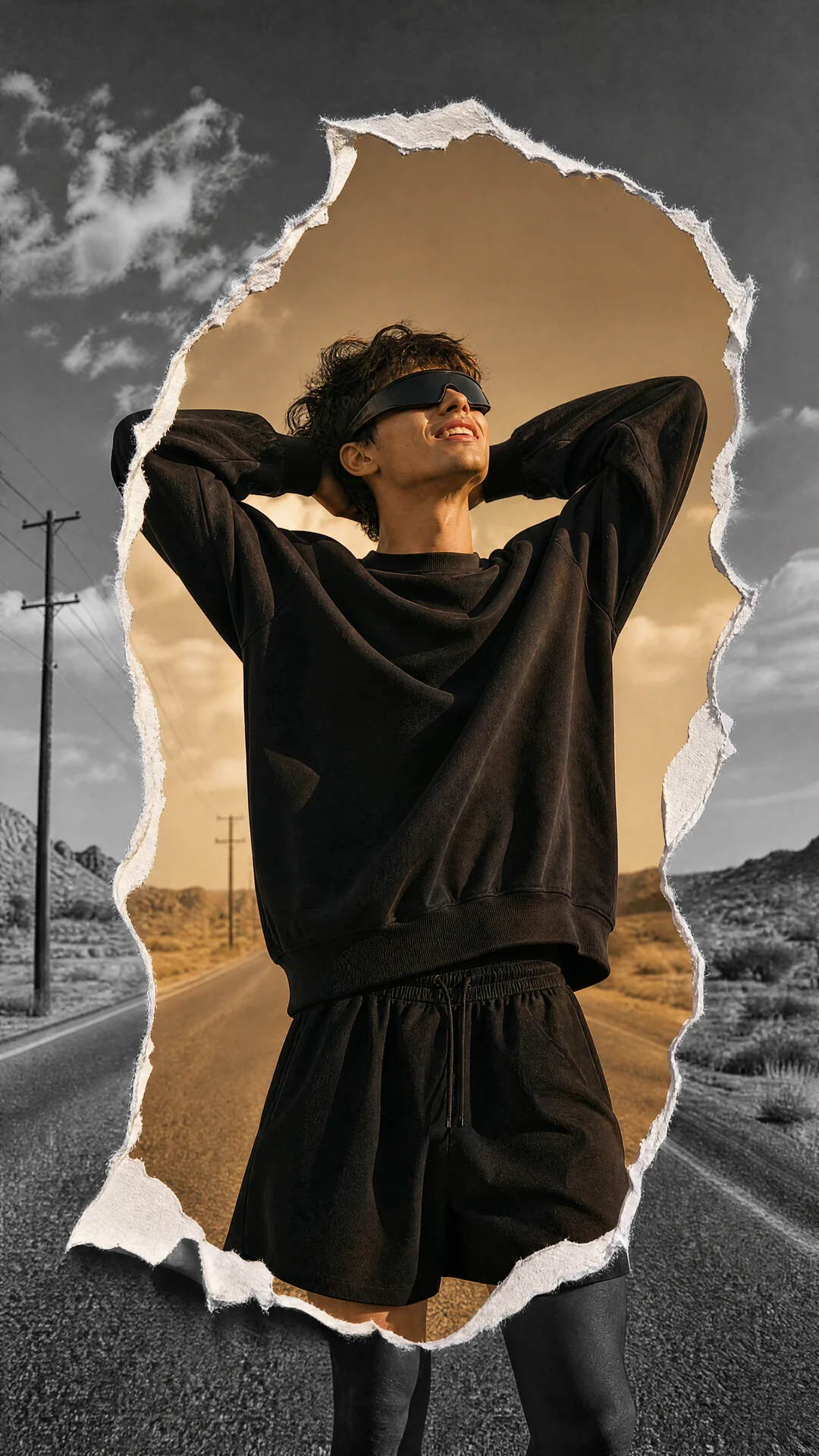 Create a premium editorial fashion poster in a surreal collage style.


A stylish young person stands confidently in the middle of an empty desert road during golden hour, smiling naturally while looking slightly upward with both hands resting behind the 