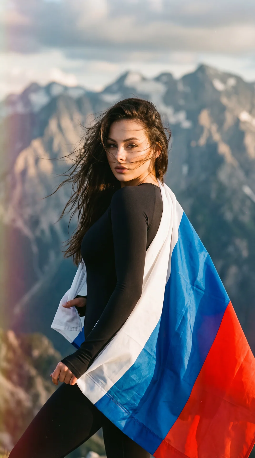 A girl, medium waist-up shot, over-the-shoulder camera angle, professional DSLR photography. Athletic slender figure. Standing with her back towards the background, torso gracefully twisted backward over her left shoulder to face the lens. Left arm bent d