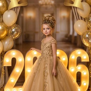 Используй фото ребёнка как референс. Девочка 10-11 лет позирует возле огромных светящихся цифр «2026», роскошное платье, воздушные шары, золотой декор, школьная фотозона, надпись «Прощай, начальная школа», стиль luxury, профессиональная фотосессия, реалис