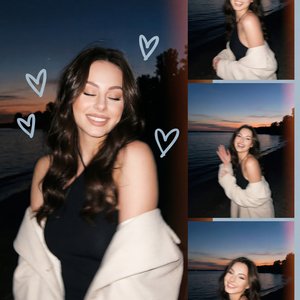 The image is a collage with a main focus on a young woman posing near a body of water during dusk. The background is an idyllic scene with dark blue skies, hints of a setting sun, and wisps of clouds creating a dramatic backdrop.

On the left, the woman i
