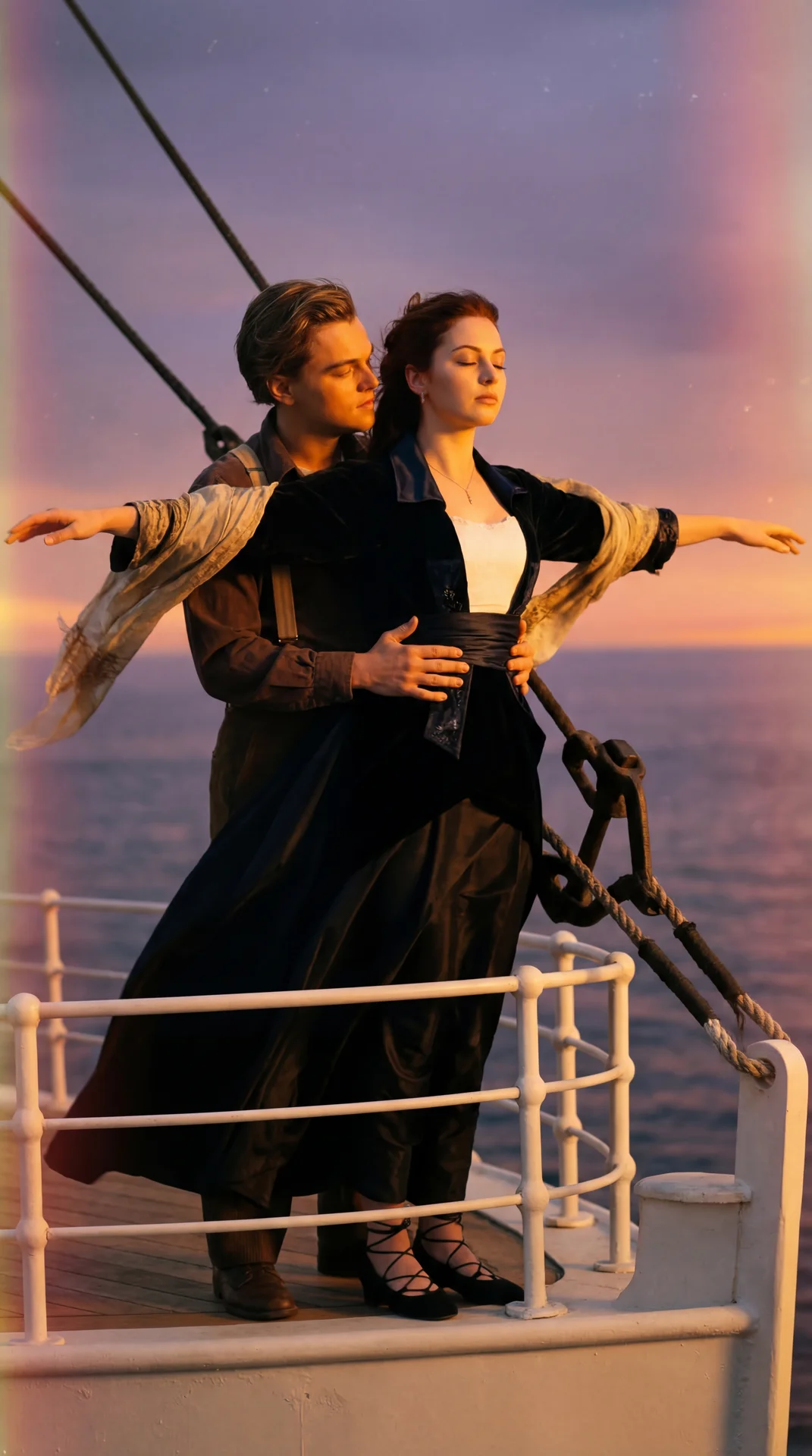 A girl is standing at the bow of a ship during sunset, posed as if embracing the wind with her eyes closed and head tilted slightly upward, exuding a serene and peaceful expression. Her arms are extended outward horizontally, parallel to the horizon, with