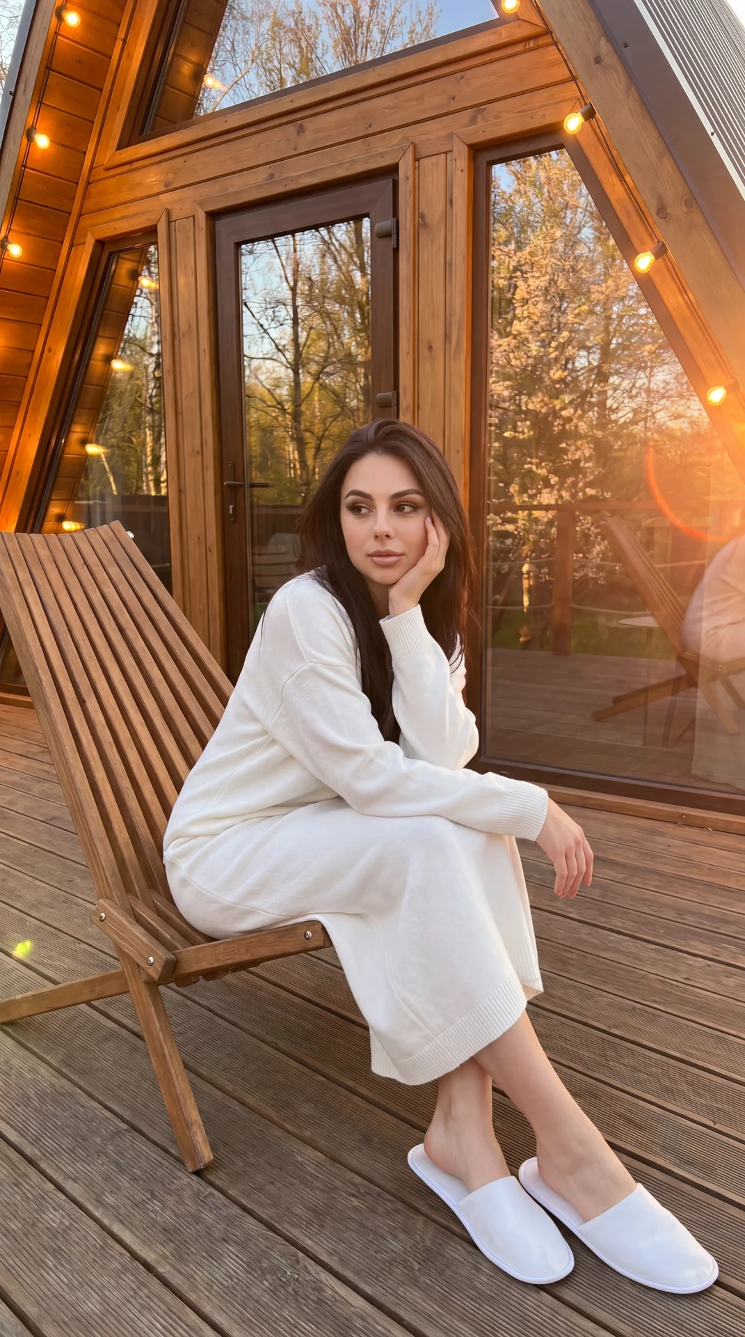 Hyper-realistic authentic raw photograph, completely indistinguishable from reality, unretouched lifestyle capture. Medium-full (three‑quarter) shot, slightly low eye‑level, three‑quarter side angle from the subject’s right; a woman seated sideways on a s