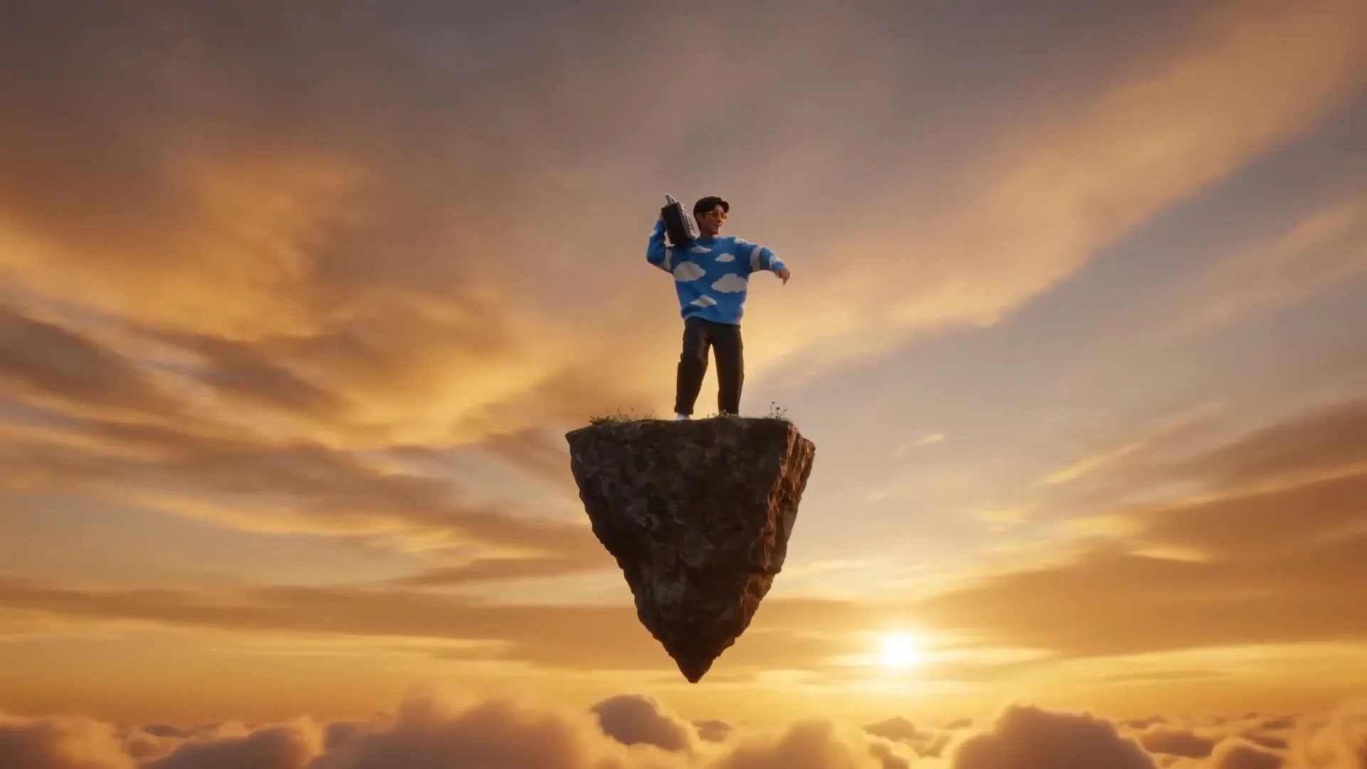 SEEDANCE 2 PROMPT
SCENE DESCRIPTION:
A young man is dancing on a small floating rock in the sky during sunset.
The rock has small plants and flowers growing on it.
The background is filled with dramatic golden-orange clouds.
He holds a large vintage boomb