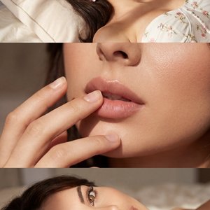 The image is a collage of three vertical shots, focusing on a young woman in soft, warm lighting.

**Top Image:** The woman is lying on her back on a bed, her head resting on a pillow. Her dark hair falls loosely around her face. She is looking directly a