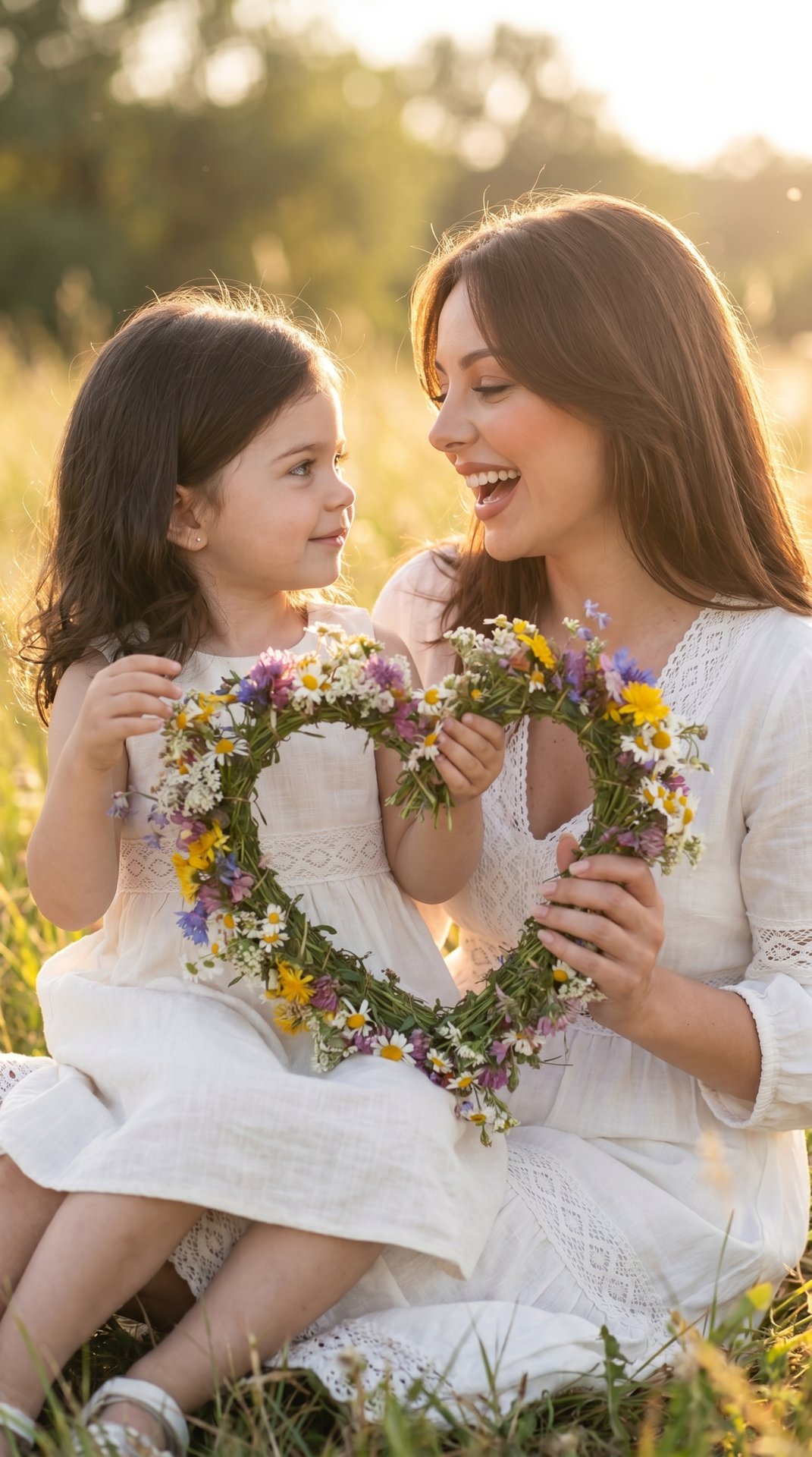 Golden-hour meadow, professional vertical medium close-up at eye level with a slight three-quarter angle; a woman and a little girl seated in tall grass, facing each other, holding a large heart-shaped wildflower wreath. Woman: relaxed upright posture, to
