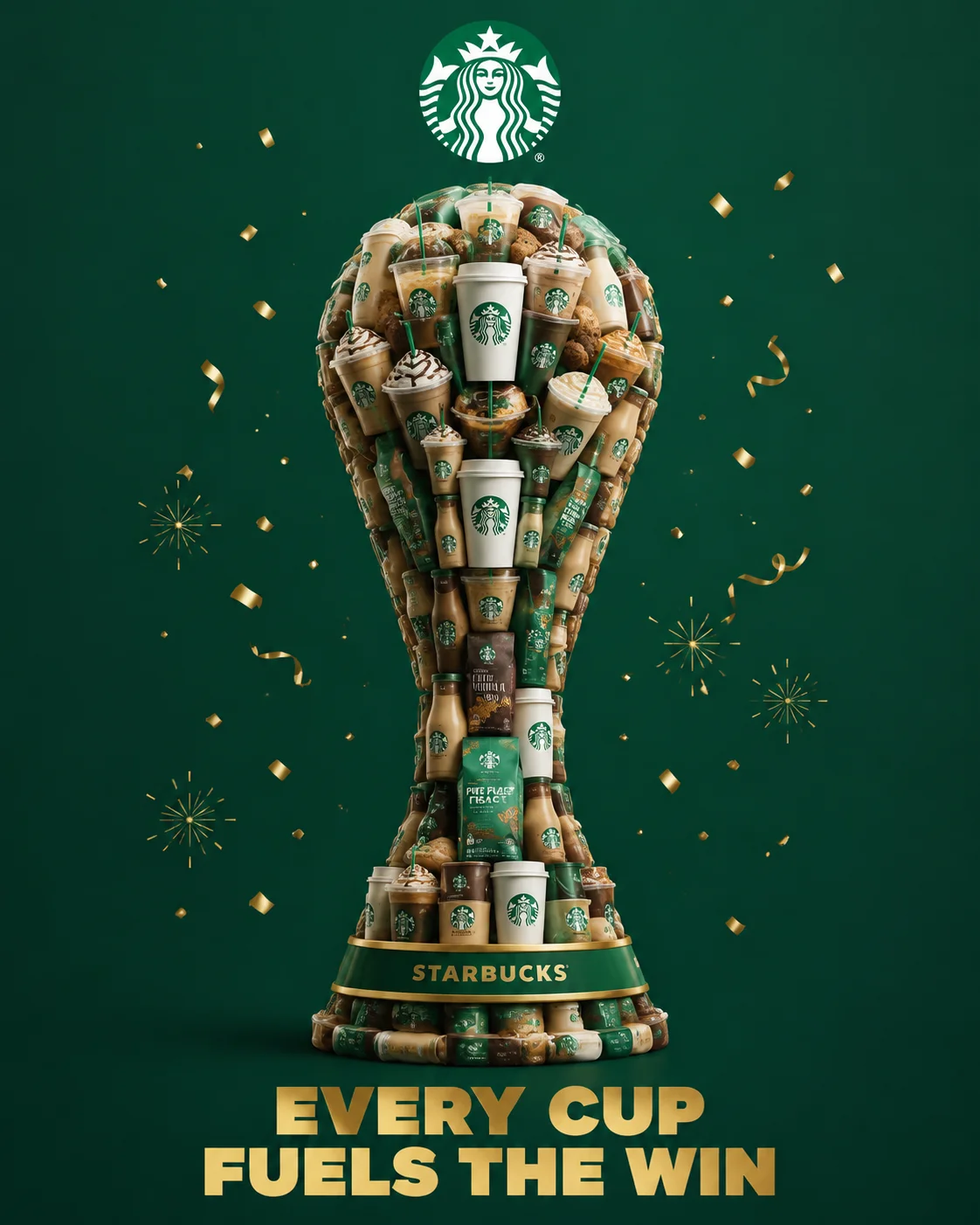 Brand_Name: {Starbucks} Create a clean premium poster in 4:5 vertical format. Place the brand logo at the top center. In the middle, build a FIFA World Cup trophy shape using only the brand’s products and packaging, arranged to match the exact iconic trop