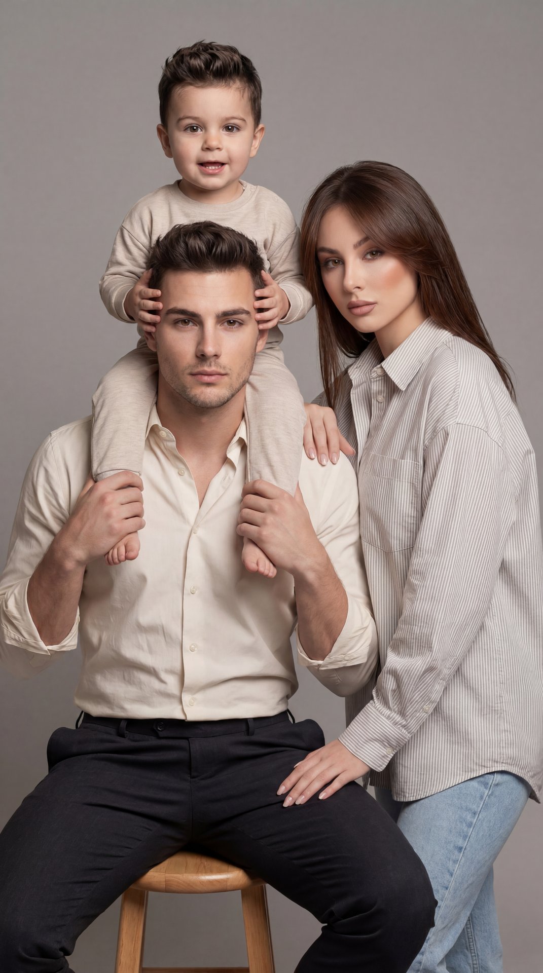 Professional studio family portrait, straight-on eye-level medium shot on a short‑telephoto lens (minimal distortion, crisp detail), neutral gray seamless backdrop, soft diffused key from front‑left with gentle right fill, even skin tones, minimal shadows