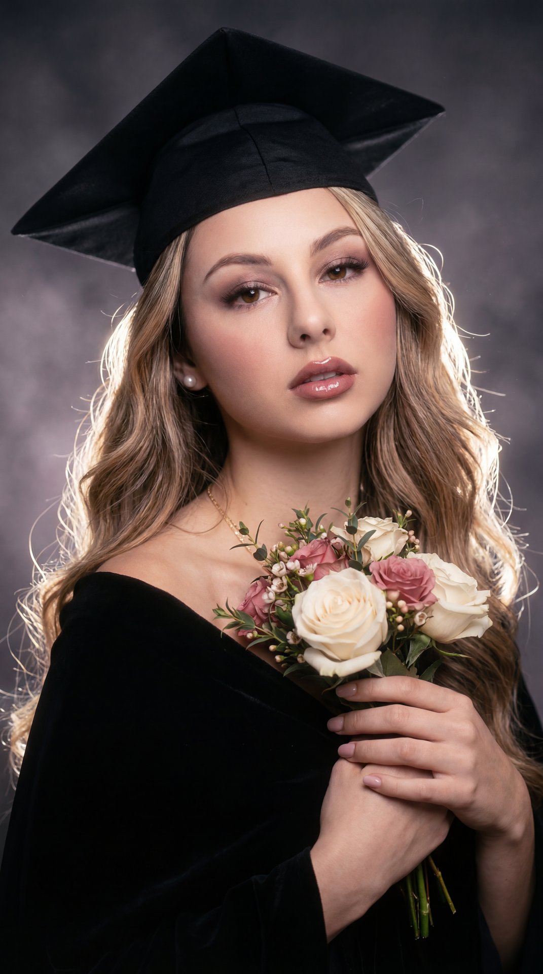 Create image: use the attached image for facial reference with high precision while preserving exact facial structure and natural asymmetry.

SCENE:
Dreamy vintage glamour graduation studio portrait. Subject wears a black graduation cap tilted slightly to