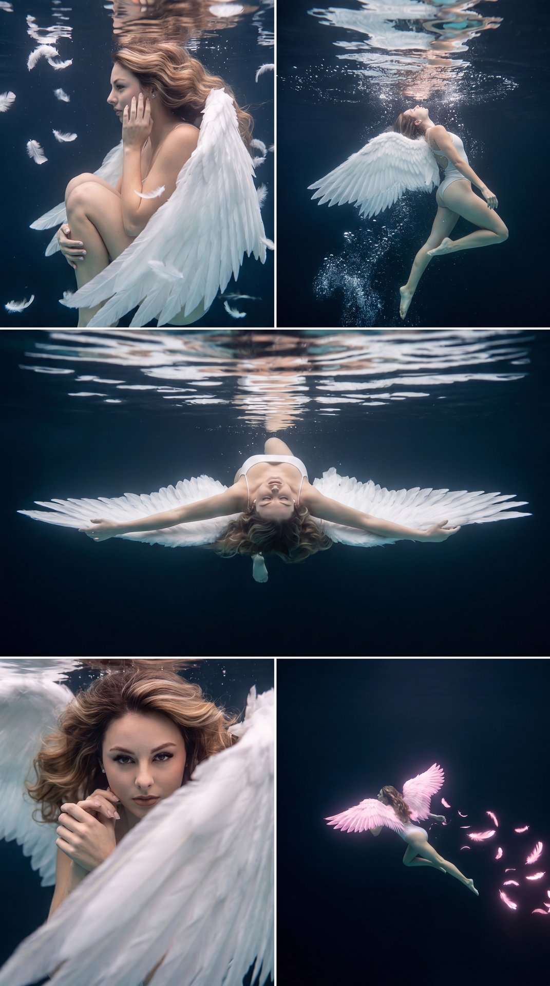 Create a vertical grid, don’t change my facial feature and hairstyle color. No text on photo. Ar 9:16.

Top left: A side profile medium shot where the angel is curled in a fetal position, slowly untangling herself. One hand gently touches her own face whi