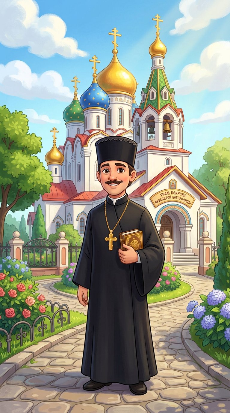 Молодой священник с усиками  и в шапочке на фоне церкви. 
Мультяшный арт.