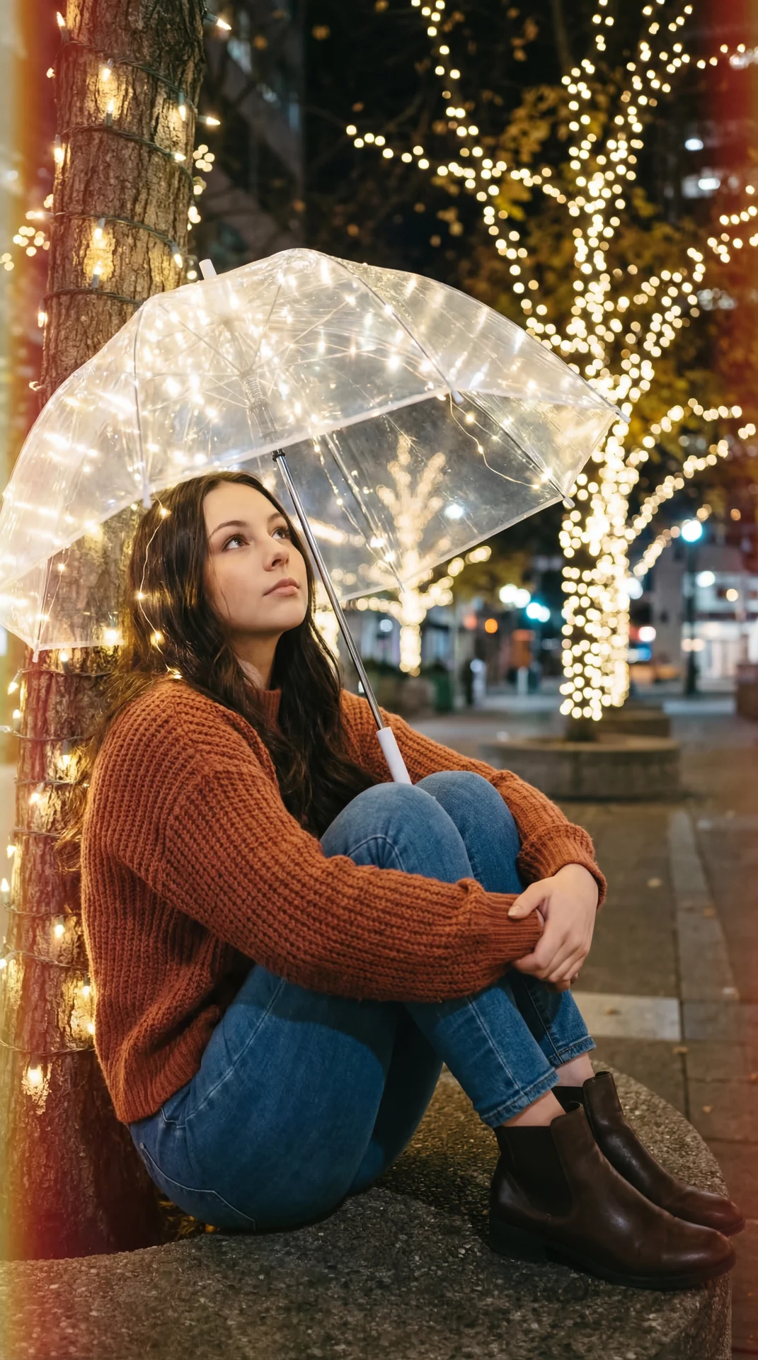A girl is sitting on the ground outdoors at night, leaning gently against a tree wrapped with warm white fairy lights. She is holding a transparent umbrella that is also adorned with small, glowing fairy lights, creating a soft, magical illumination aroun