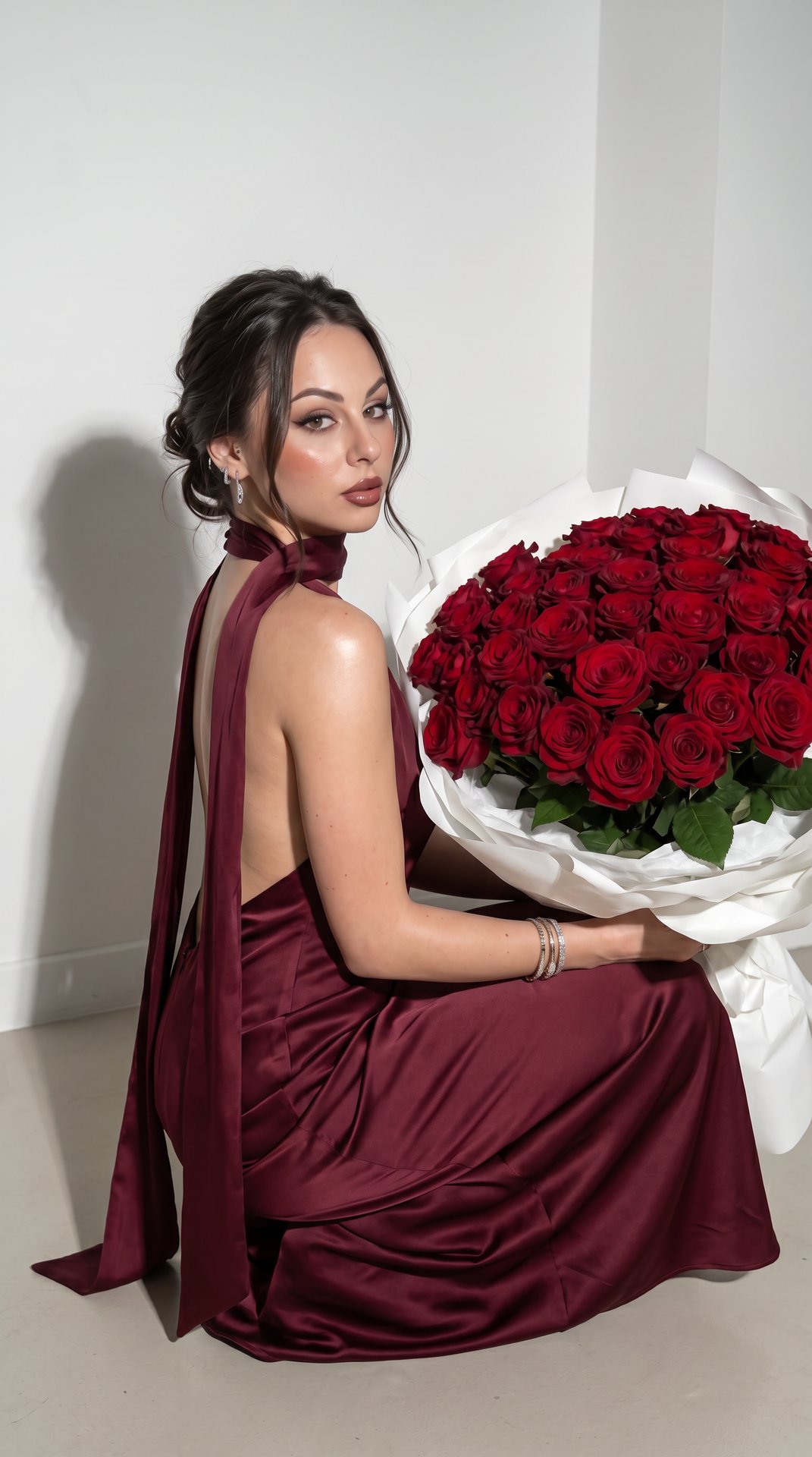 An ultra-realistic young woman gracefully sits next to a huge bouquet of deep red roses wrapped in luxurious white paper, wearing a silk burgundy evening gown with an open back and a long, flowing scarf. She features smooth, glass-like skin, precise, glam