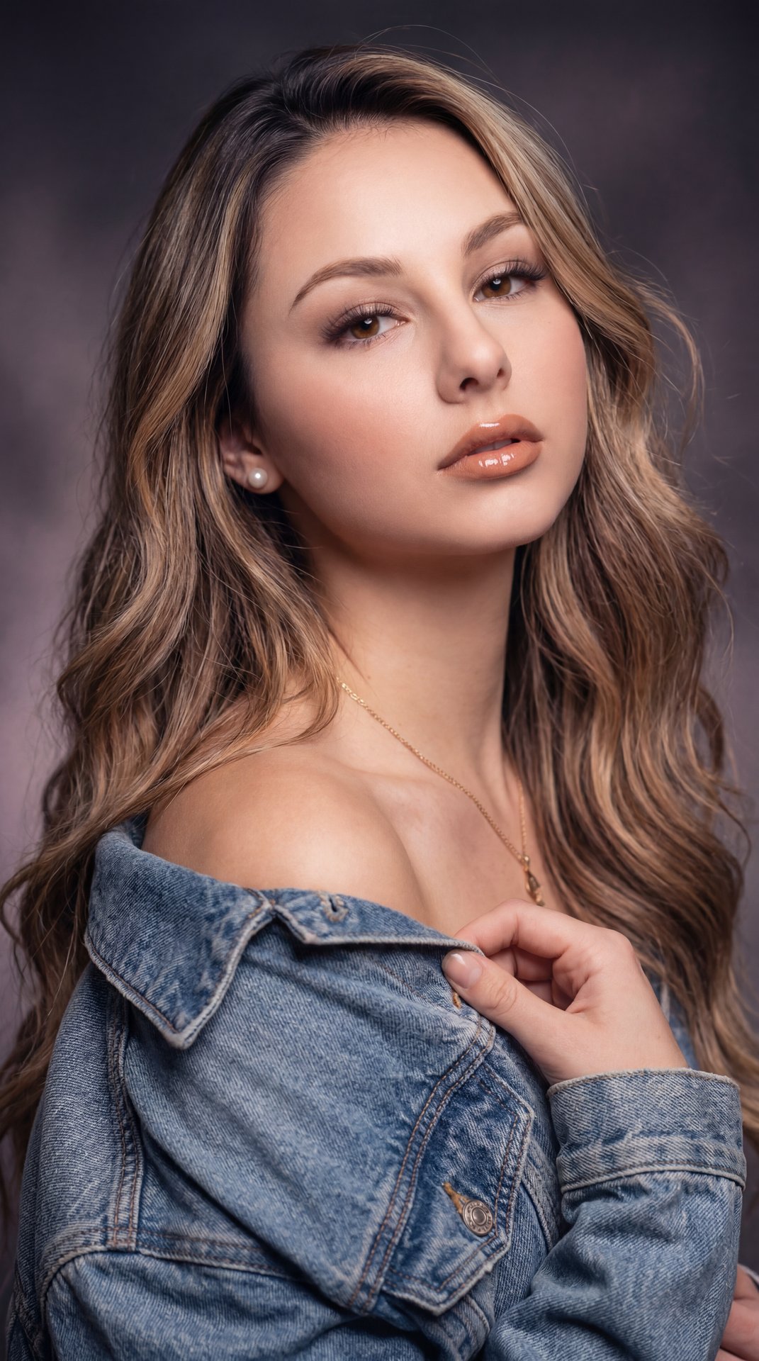 Create image: use the attached image for facial reference with high precision while preserving exact facial structure and natural asymmetry.

SCENE:
Late-90s glamour studio portrait. Subject wearing a classic blue denim jacket softly draped around the sho