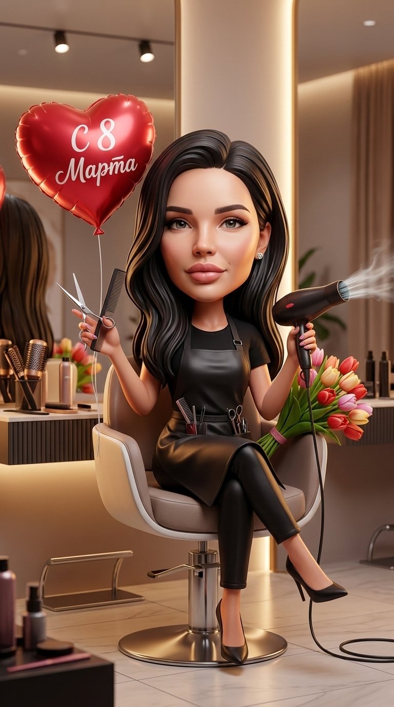 Милая девушка в stylized 3D caricature стиле с крупной головой и реалистичным лицом сидит в современном парикмахерском кресле салона красоты\\\. На ней стильный черный фартук парикмахера, в руках профессиональные ножницы и расческа\\\. Рядом фен, щетки, с