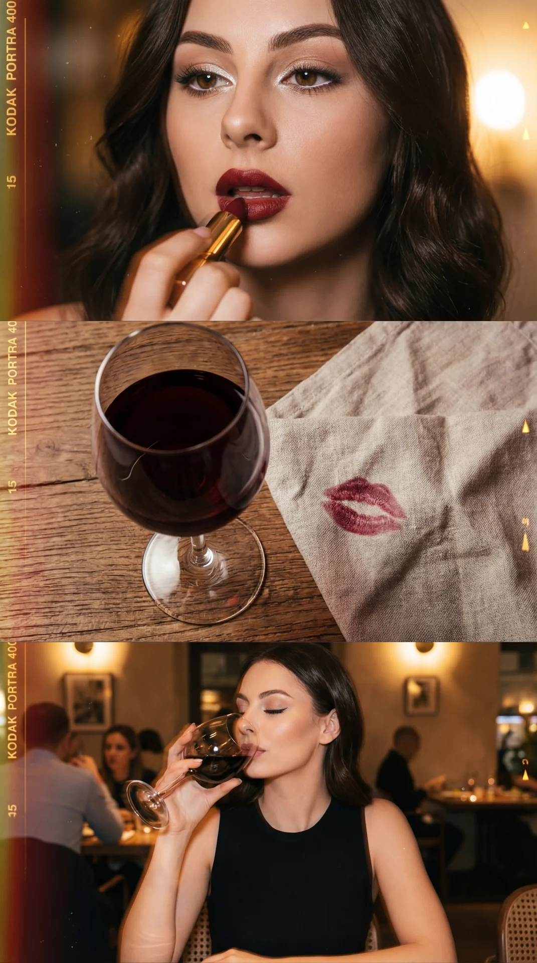 The image is a collage of three vertically arranged photographs, each reflecting moments of elegance and leisure.

1. ** Top image**: A woman applying lipstick in close-up. Her expression is focused as she carefully applies a dark shade of lipstick using 