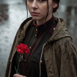 Hyperrealistic dramatic portrait, a young woman in a Soviet military uniform and a wet canvas poncho standing in light spring rain. She is holding a single red carnation. Melancholic but proud expression, wet fabric texture, water drops on her face, cinem