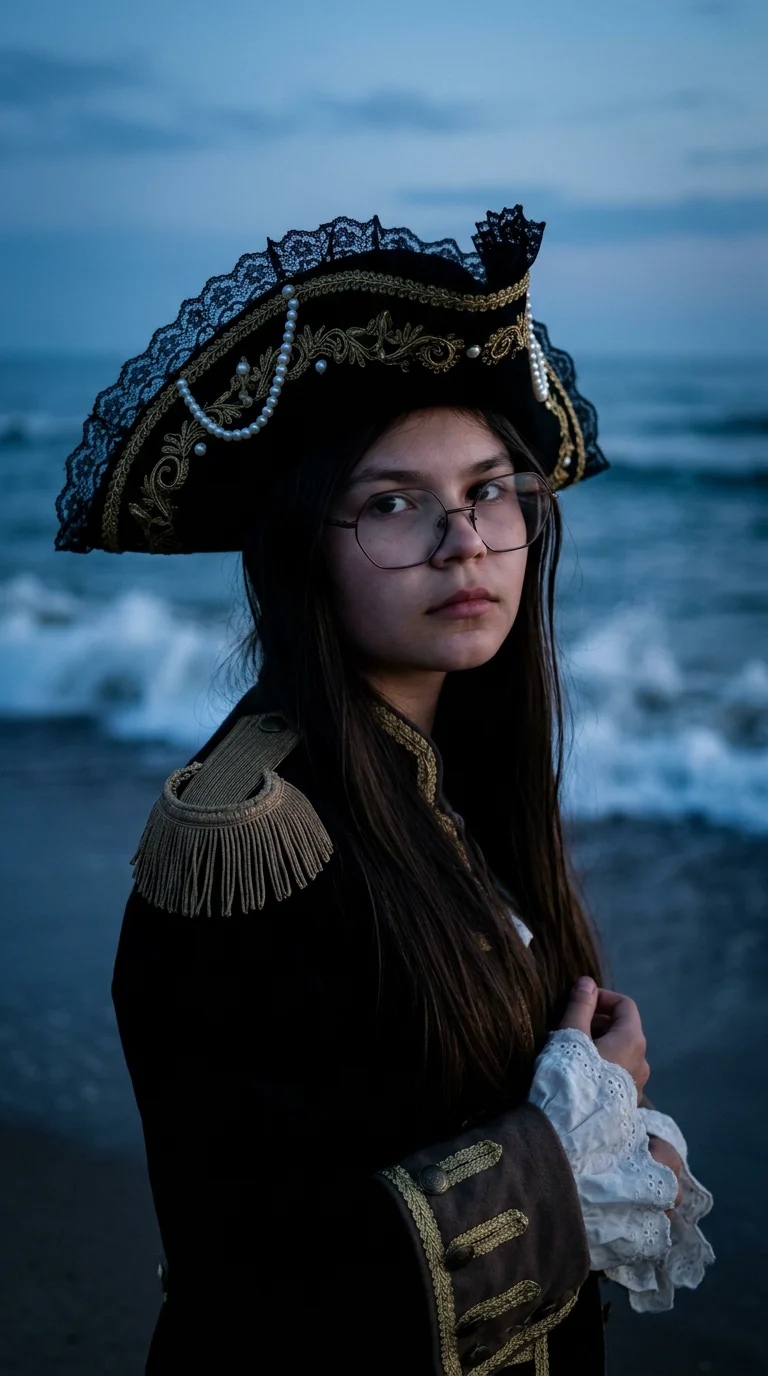cinematic close-up portrait of a young woman in elegant pirate attire, standing on a dark beach at blue hour, wearing an ornate black tricorne pirate hat decorated with pearls, lace and flowers, historical pirate coat with epaulettes and delicate lace det