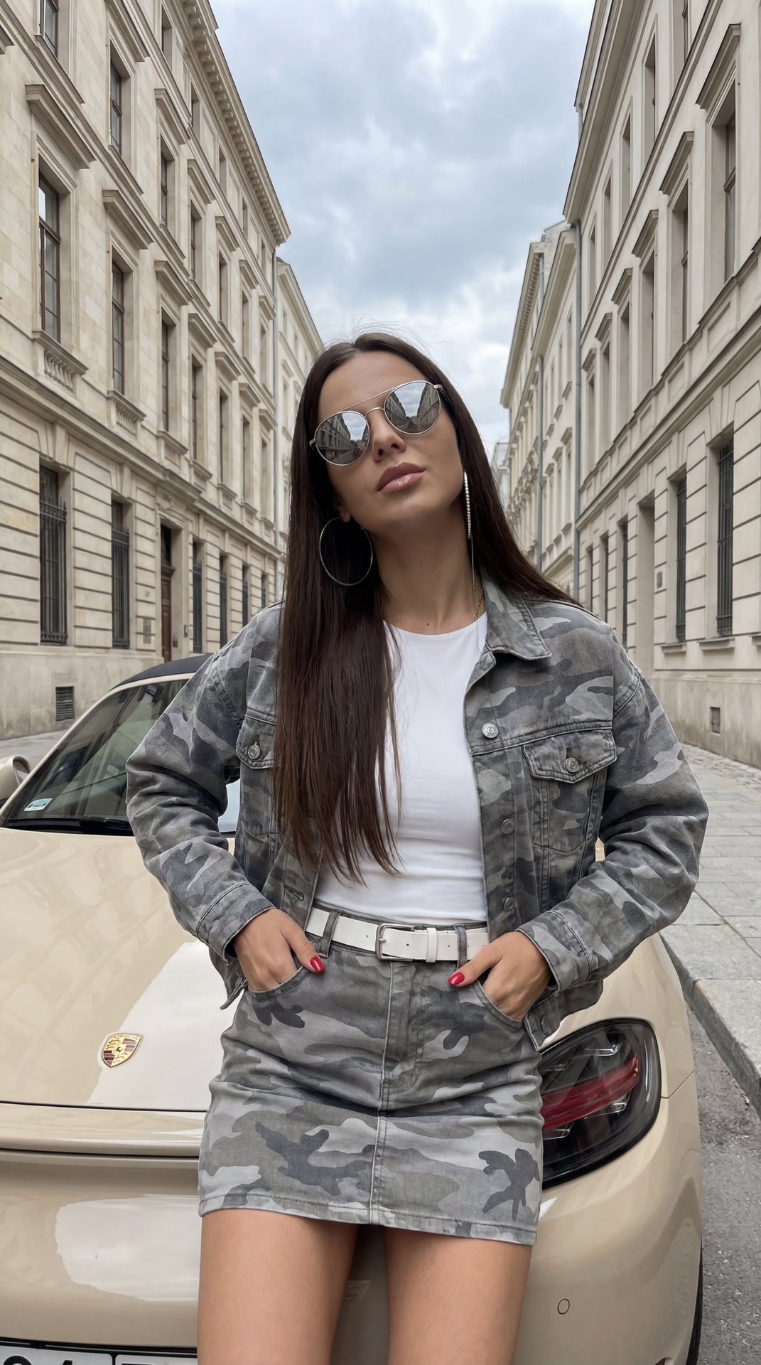 Ultra realistic vertical street fashion portrait of a glamorous feminine model posing in front of a beige sports car on a narrow city street surrounded by tall classic light stone buildings. Medium-full frame, centered composition, shot at a slightly low 