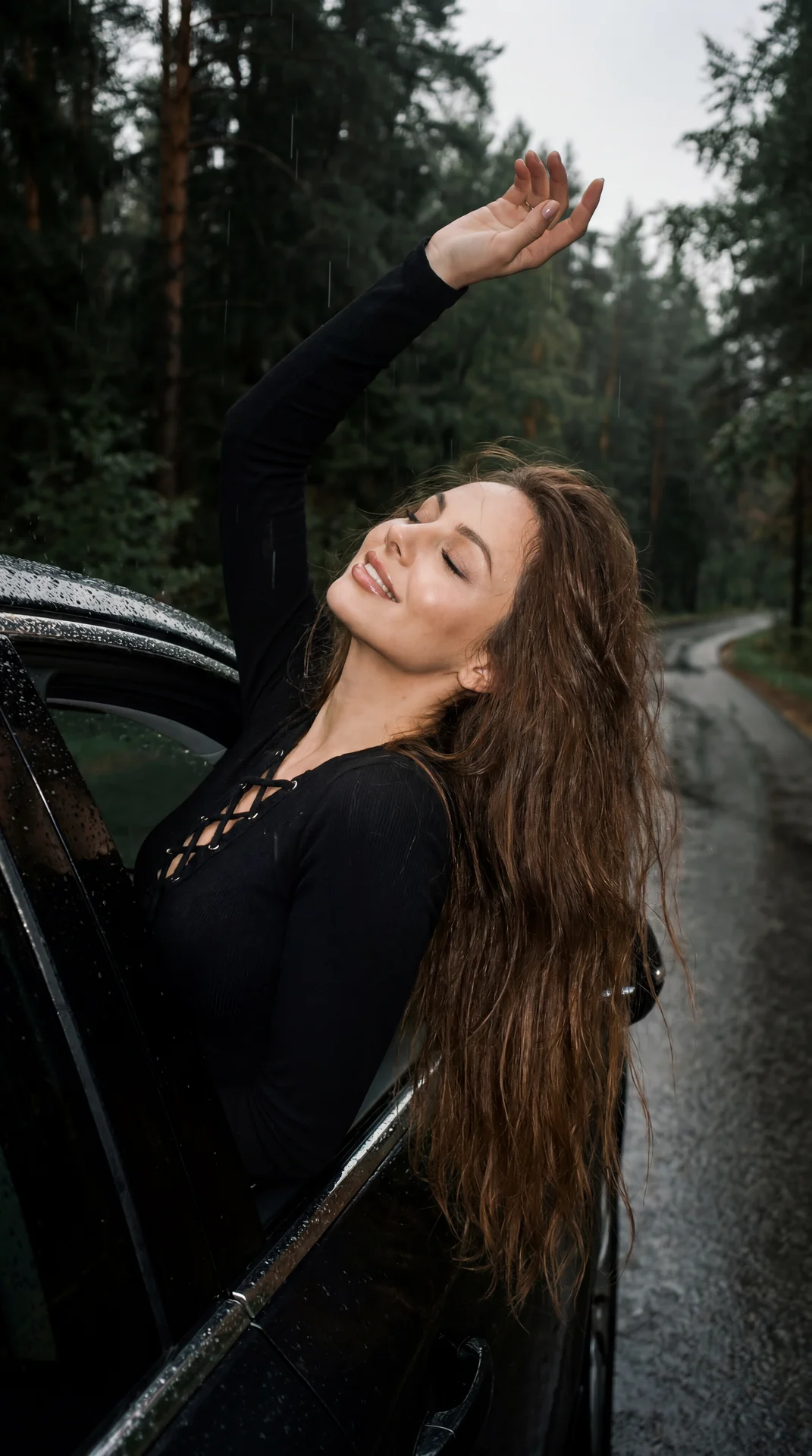2014 iPhone 4 camera aesthetic, vintage Tumblr + Pinterest mood, soft flash photography, natural imperfections, slight grain, cinematic rainy atmosphere.

3:4 aspect ratio, emotional cinematic composition.

A scene of a car driving on a forest road on a r