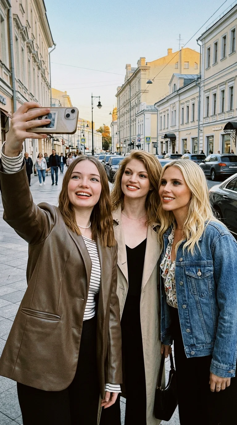 объедение эти четыре фотографии, сделай изображение как будто девушка на первой фотографии встретилась с кумирами по улице, и сделала фотку с актрисами, сделай черты лица максимально у всех похожи, наряды сделай модными городскими , как будто их одевали с