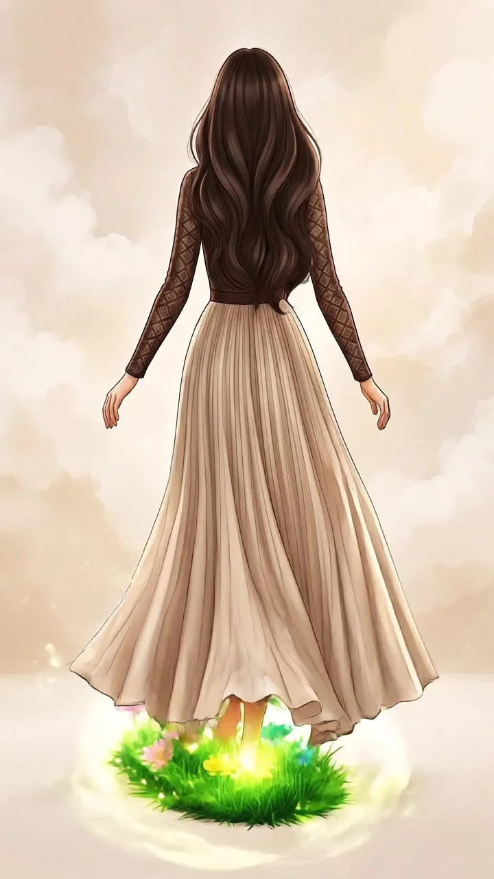 Animate the woman from the reference image walking slowly and gracefully forward, seen from behind. Preserve her exact appearance, long flowing dark brown wavy hair, brown lace top and long beige pleated skirt. Her movement is elegant and natural, with re