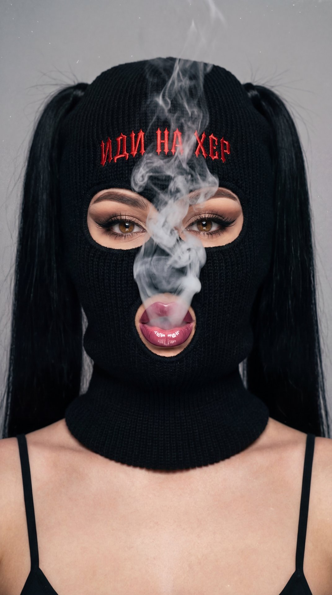 A girl captured in a close-up, high-quality professional studio portrait. She is positioned directly facing the camera in a bust-length shot. Her hands are not visible in the frame; the focus is entirely on her head and shoulders. She is blowing a cloud o