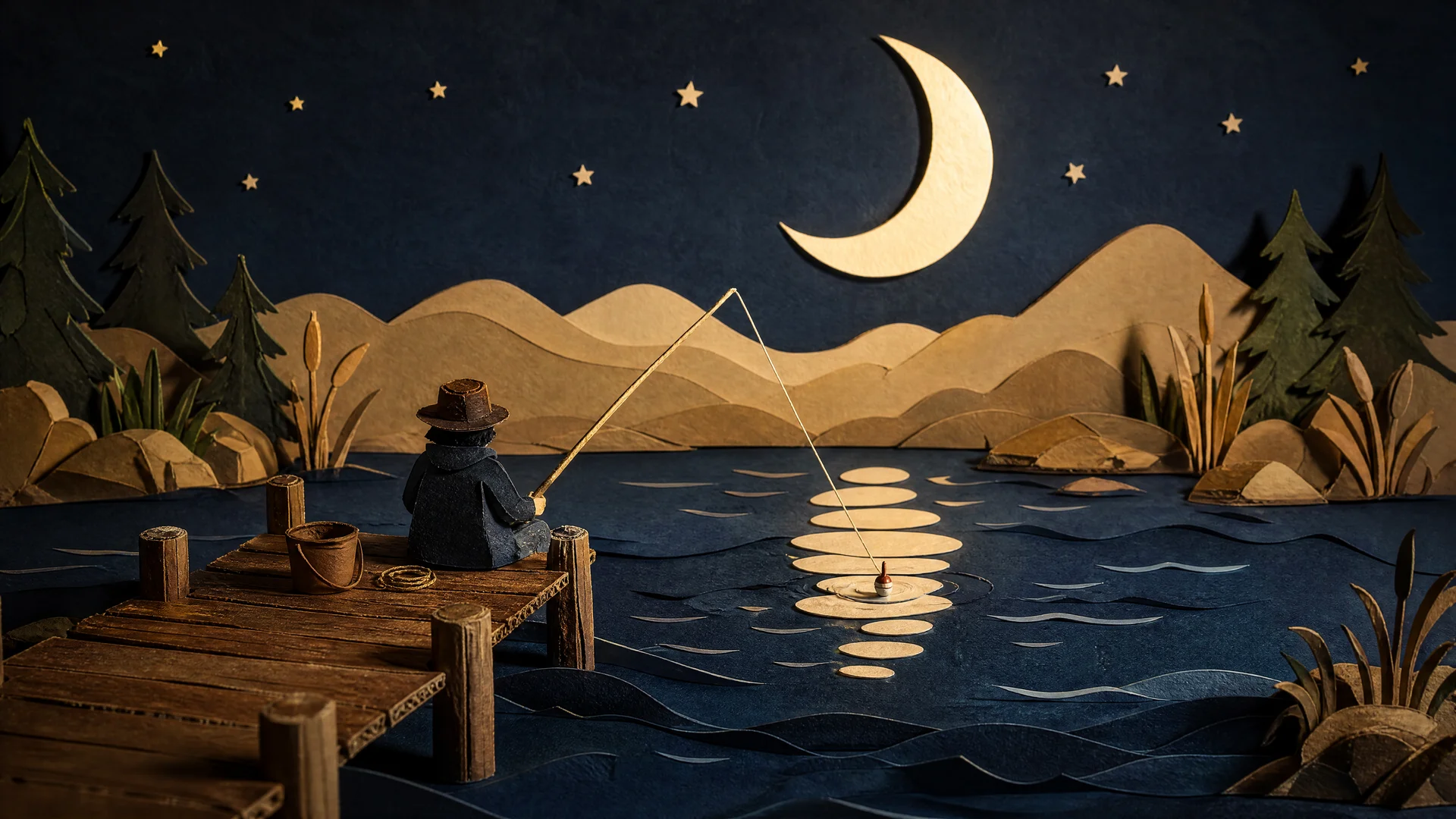 Формат 16:9. Фотография миниатюрной handmade paper diorama в стиле stop-motion animation set. Ночная сцена у озера, вся сцена сделана вручную из вырезанной бумаги, картона и многослойных бумажных деталей. Не реалистичный пейзаж, а именно физическая бумажн
