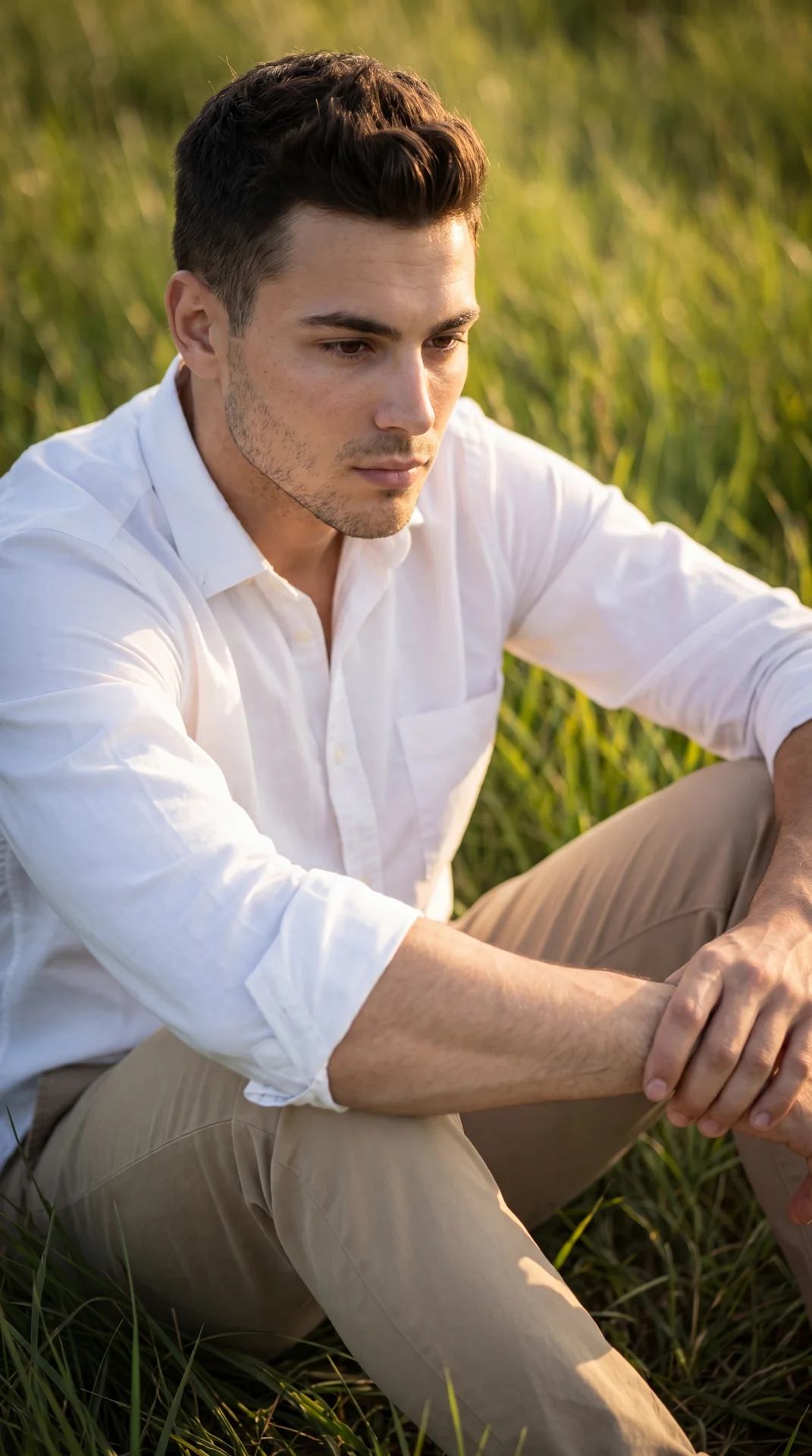 Professional photo, portrait orientation, medium shot from a slightly high three-quarter angle; subject seated in tall green grass at golden hour, off-center (rule of thirds). Pose: sitting with knees drawn up; forearms resting across the knees; hands rel