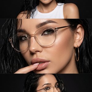 Photo 3:4. Vertical three-frame editorial collage, professional beauty studio photography with hard directional lighting.
A young woman based on an uploaded reference photo, facial features preserved.
High-fashion beauty editorial with strong contrast and