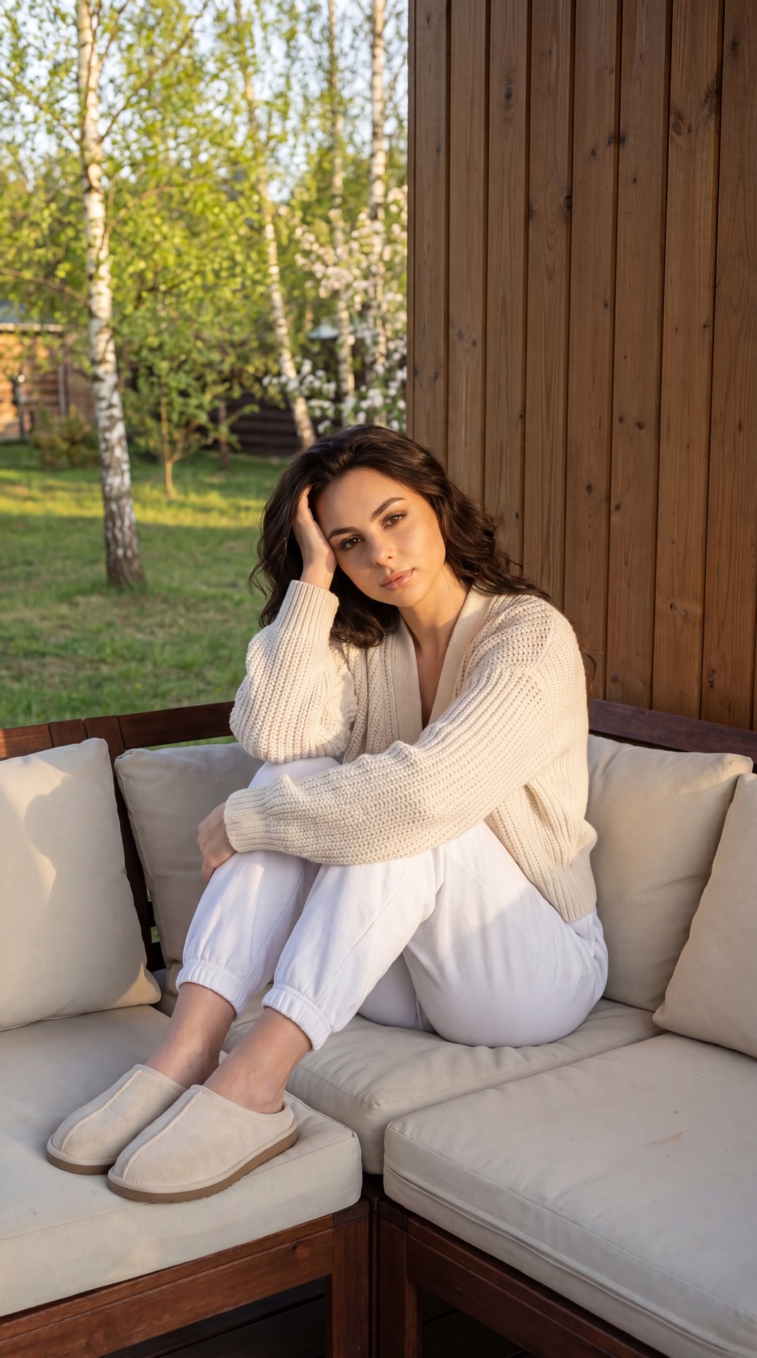 Hyperrealistic photography, indistinguishable from a real photo, raw photorealistic aesthetic. Female model seated curled up on an outdoor corner sofa on a wooden cabin porch in spring; camera at eye level, three-quarter medium shot from a slight front-ri