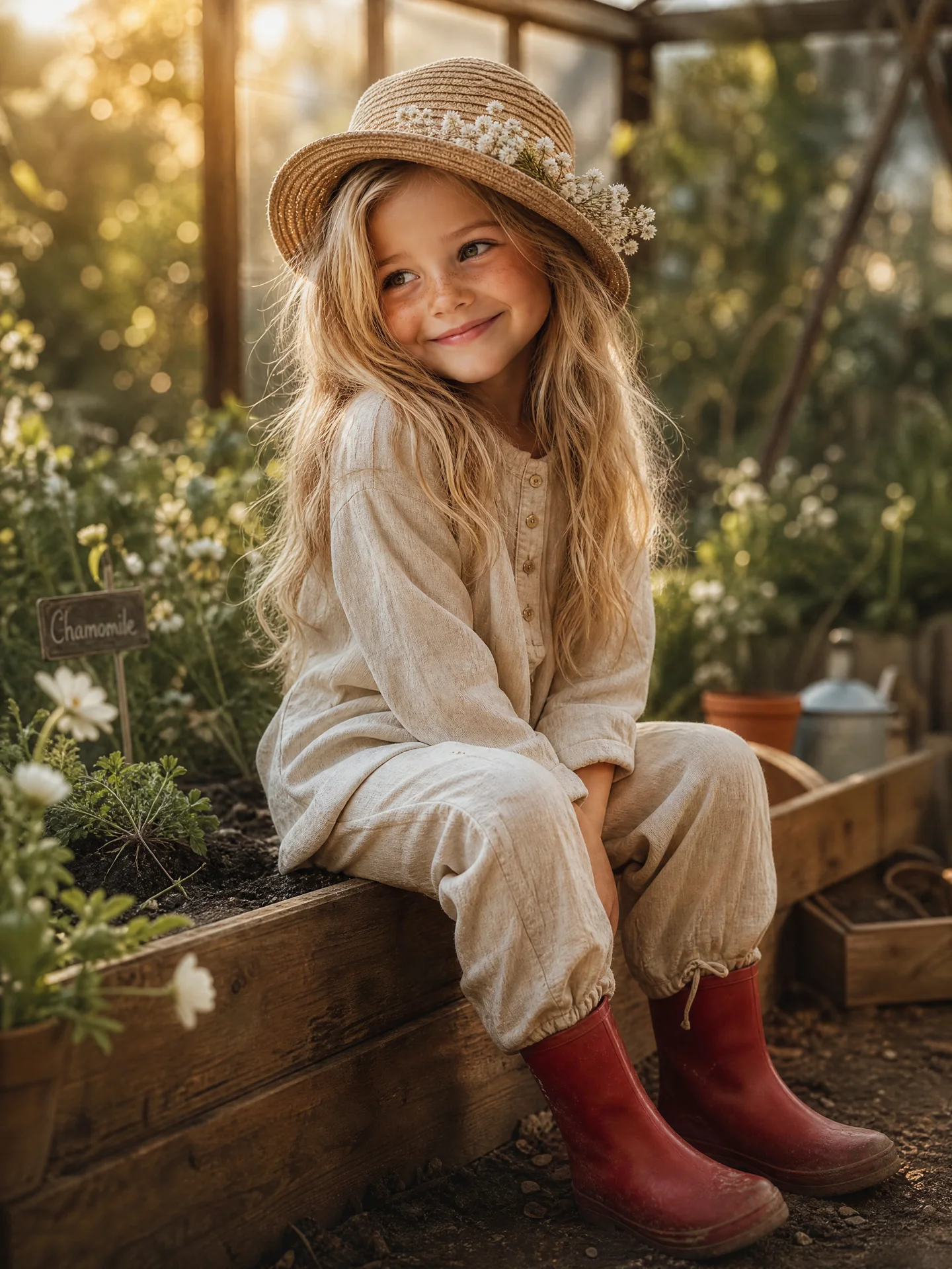 Medium intimate portrait, young girl wearing beige linen set, red rubber boots, and straw cloche hat with white flowers, sitting on wooden garden bed in greenhouse, looking away, warm golden bokeh light --ar 4:5 --cref [URL] --cw 0
