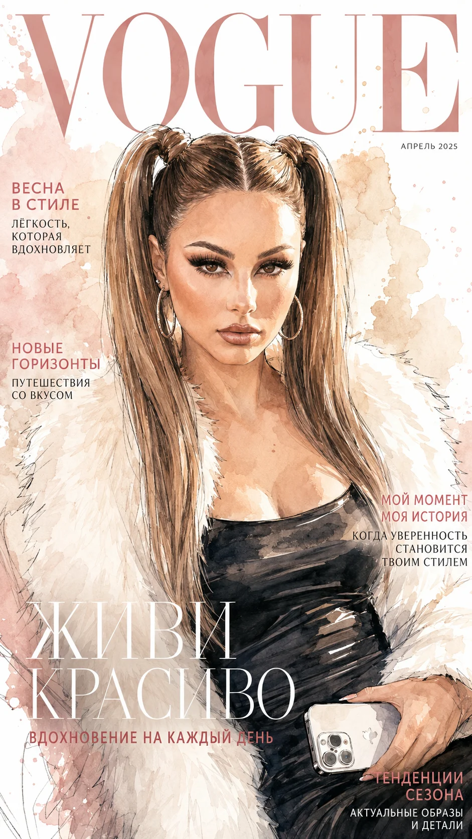 Elegant watercolor fashion illustration inspired by Vogue magazine covers, fully adaptable for any person, family, friends or travel photo while preserving original facial features, identity, pose and composition. Stylish anime-inspired characters with ex