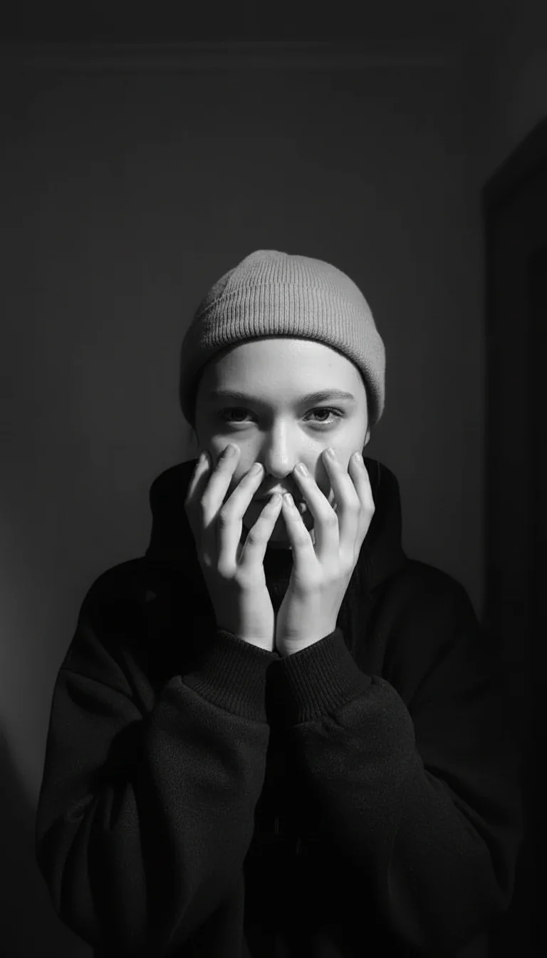 A melancholic dramatic black and white portrait of the same girl, looking directly into the camera through her fingers, hands partially covering her face, deep contrasting shadows, high contrast cinematic lighting, highly detailed, realistic texture, 4k