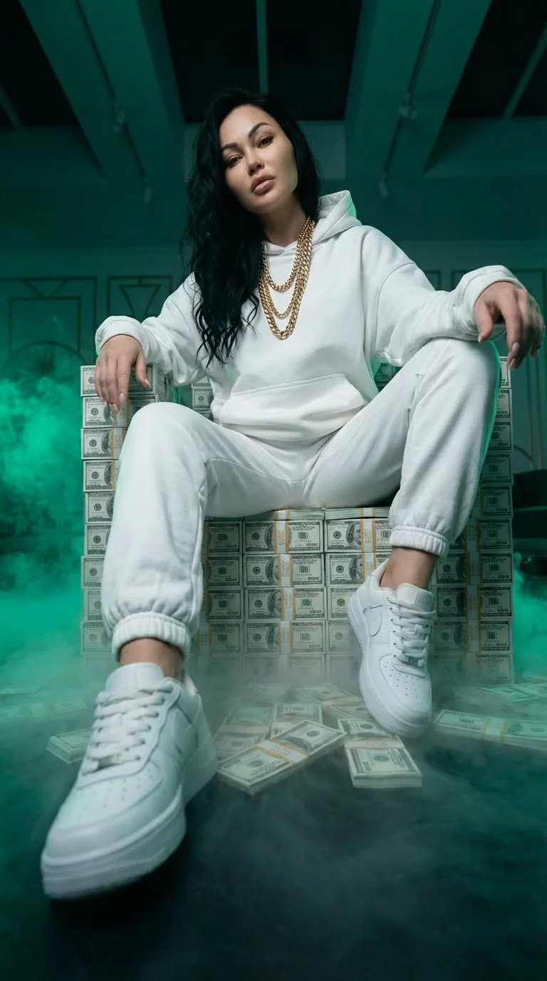 Ultra-realistic cinematic portrait of a person sitting on stacks of cash like a throne, low-angle shot with large foreground shoes. White streetwear, gold chains, relaxed confident pose. Green cinematic fog background, dramatic lighting, teal color grade,