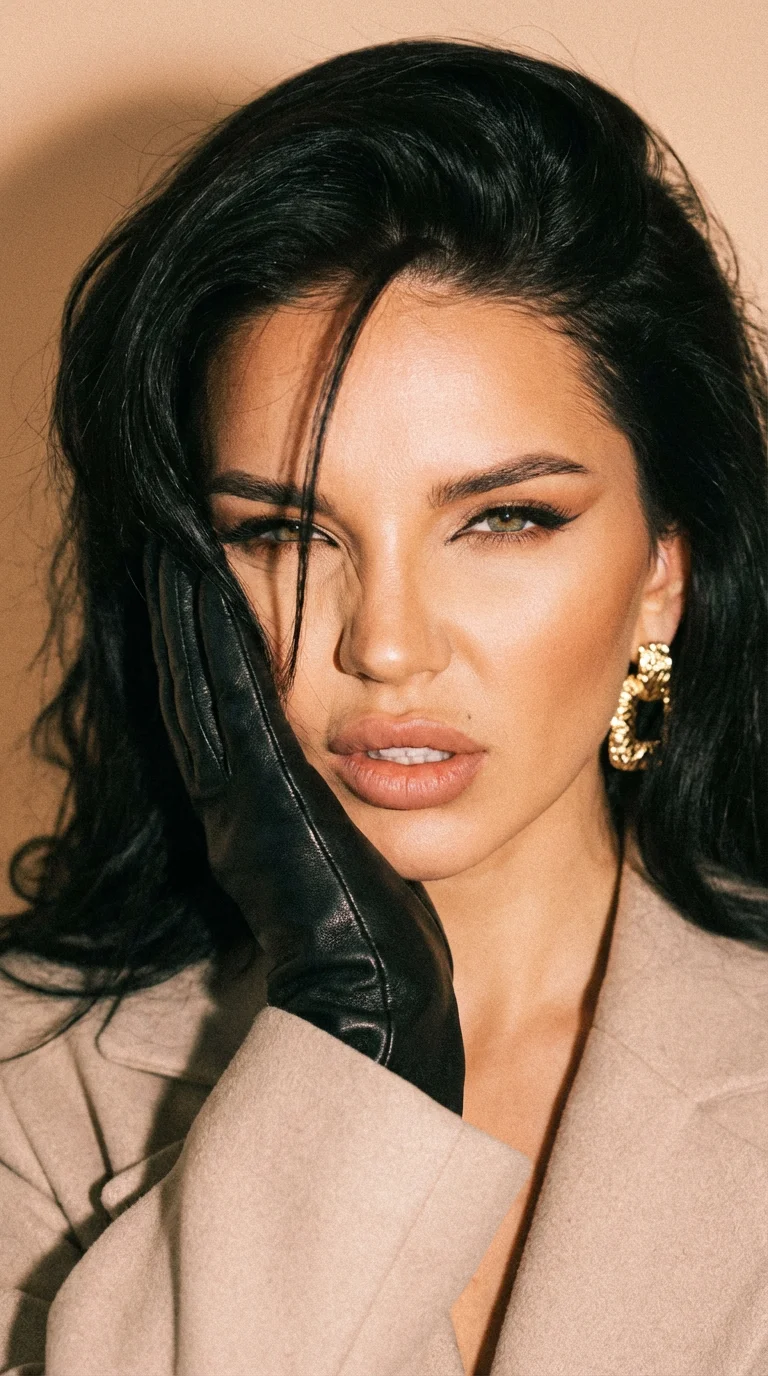 transfer the face and human parameters from my reference photo, preserve identity 100%. Ultra-realistic close-up, centered, eye-level. Black leather glove pressed to cheek. Expression intense feline squint, lips softly parted. Hair voluminous, brushed bac