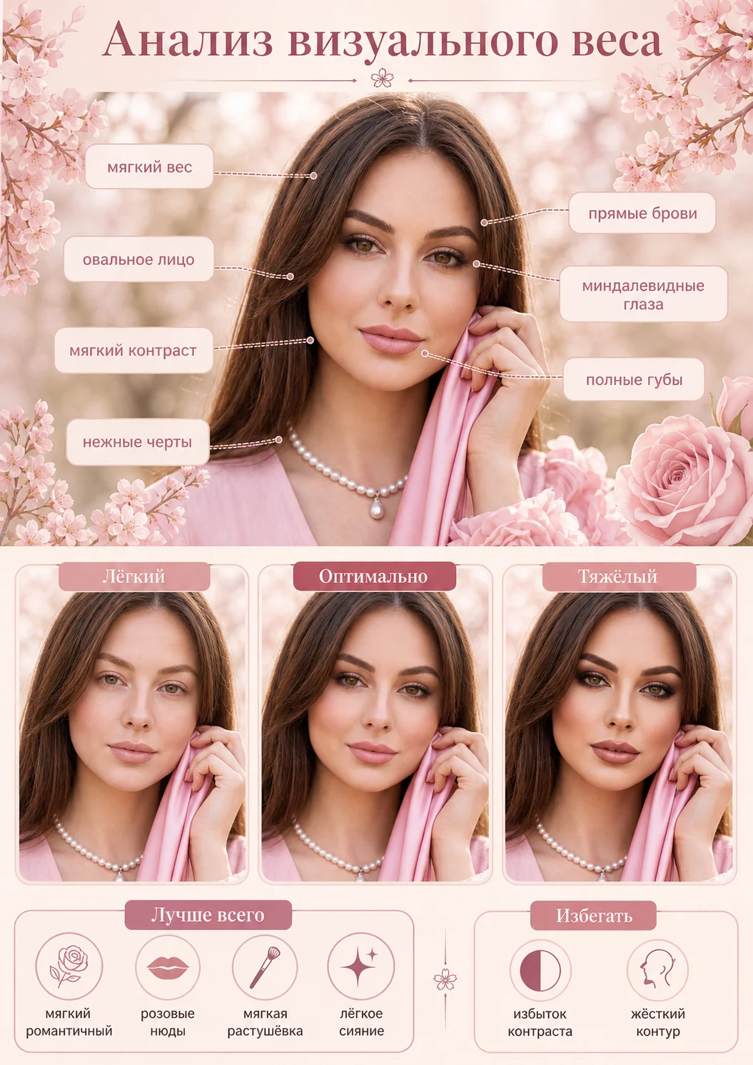 Create a visual weight analysis graphic using this photos. Feature side-by-side comparisons to determine what makeup best suits the subject, and showcase their feature characteristics. The graphic should be visual-first, using only short labels with no pa