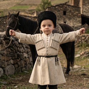Фотореалистичный портрет маленького ребенка 2 лет, черты лица максимально соответствуют исходному фото-референсу, полный рост, в традиционной светлой чохе, высоких черных сапогах и черной папхе; ребенок стоит уверенно, руки широко разведены в стороны, выр