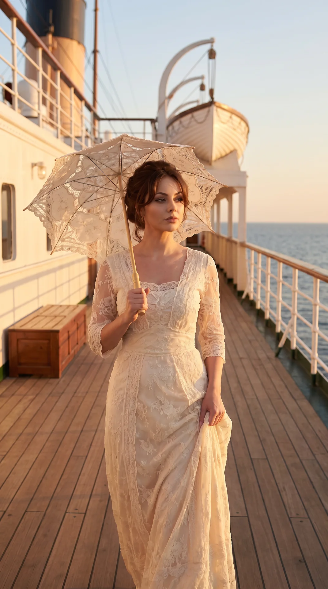 1)
Use the uploaded SCENE REFERENCE image as an ABSOLUTE STRICT reference for:

• composition  
• pose  
• framing  
• clothing  
• hairstyle  
• umbrella design  
• ship deck environment  
• lighting  
• golden hour atmosphere  
• camera angle  
• depth 