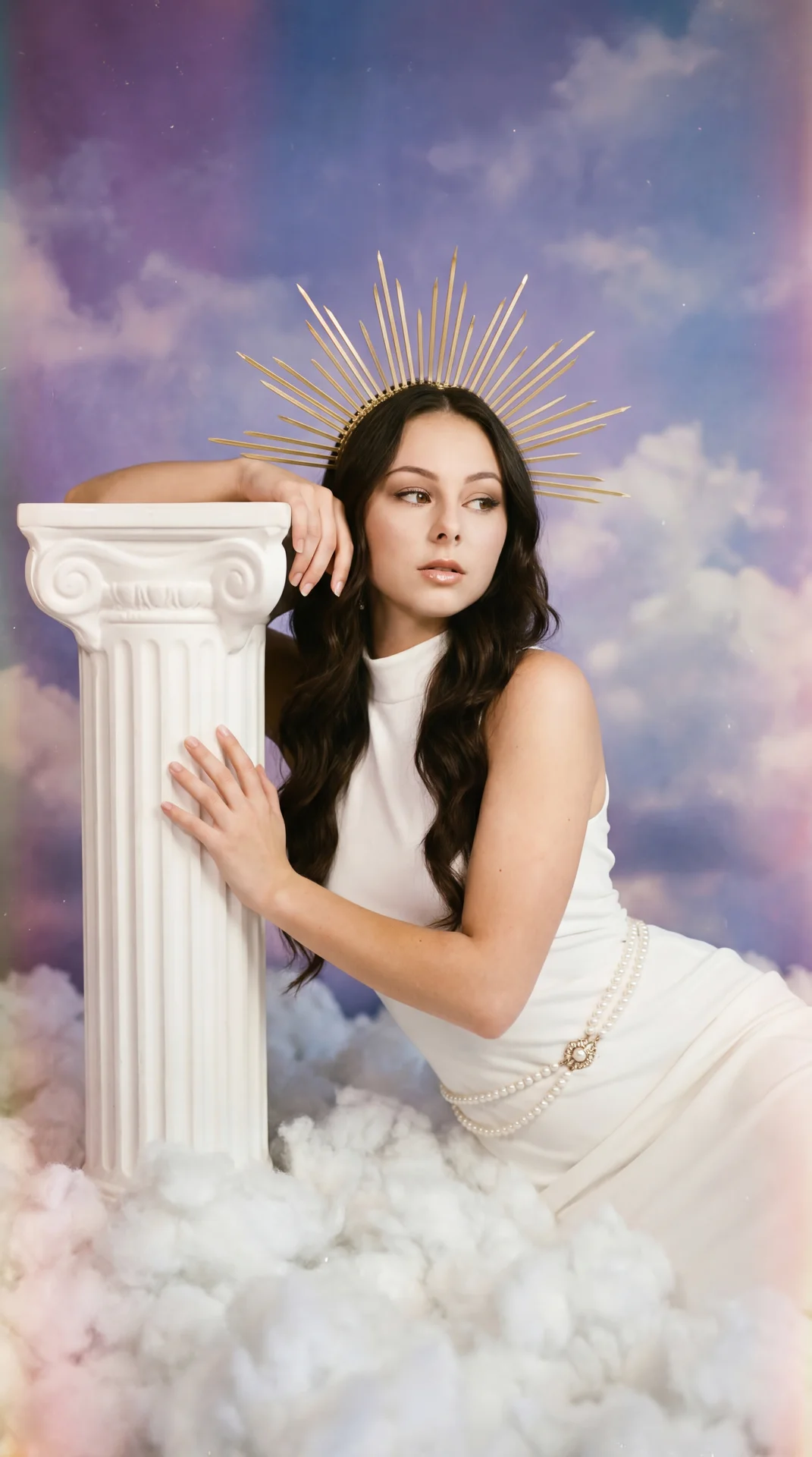 A girl is posed reclining gracefully among fluffy, cloud-like white cotton or fabric that covers the floor, creating an ethereal and dreamlike setting. She leans gently against a white classical Corinthian column, using her right arm to rest on top of it,