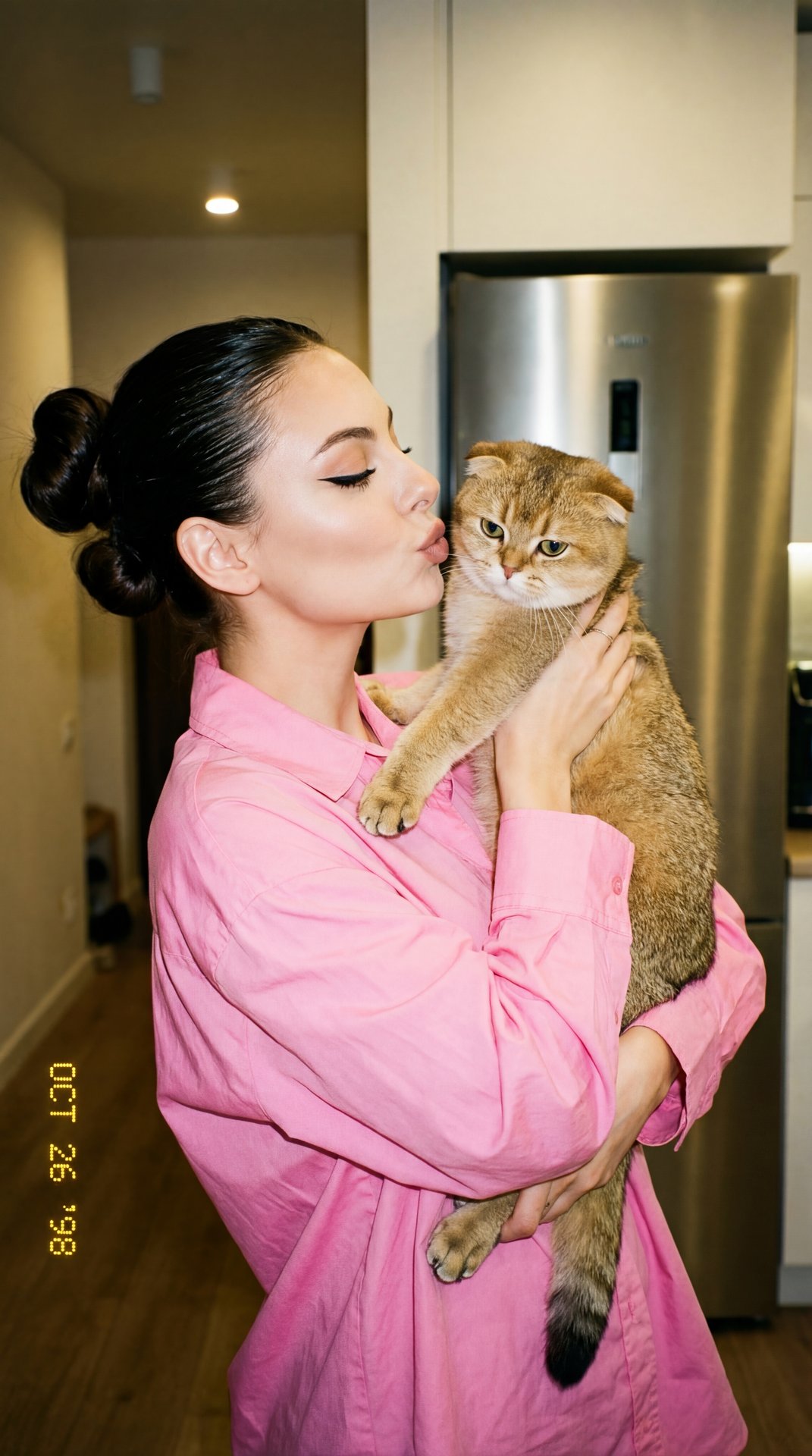A girl with slicked‑back hair gathered in two voluminous buns, dressed in a spacious bright pink cotton poplin button-down shirt, stands in a room near a stainless steel refrigerator; the body is three-quarters turned to the camera to the right, a straigh