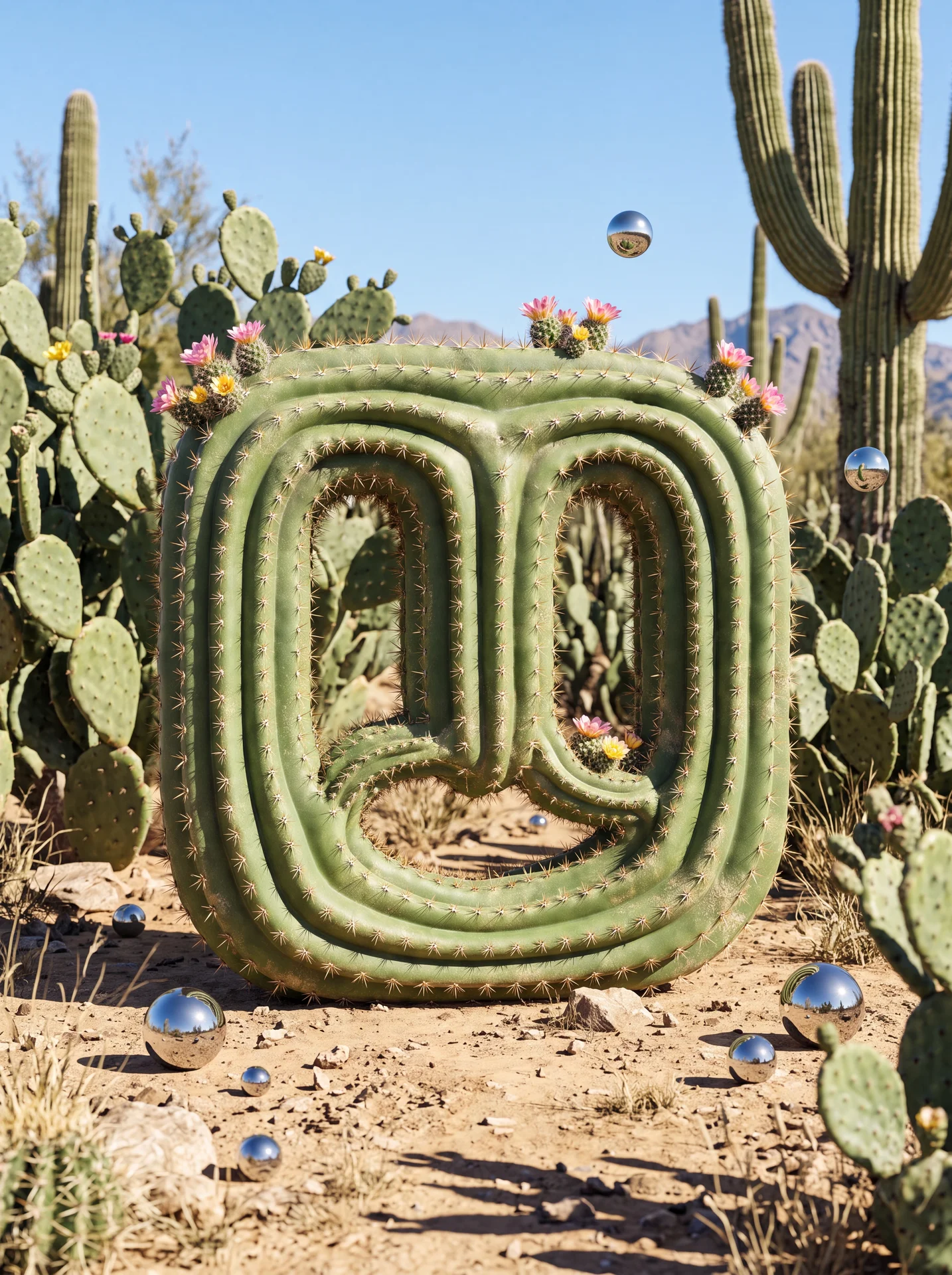 Use the uploaded logo as the exact shape of a living
cactus growing out of sandy desert ground. The entire
logo silhouette is formed from thick green cactus
flesh, covered in fine white spines, small clusters
of sharp needles, and subtle vertical ribbing 