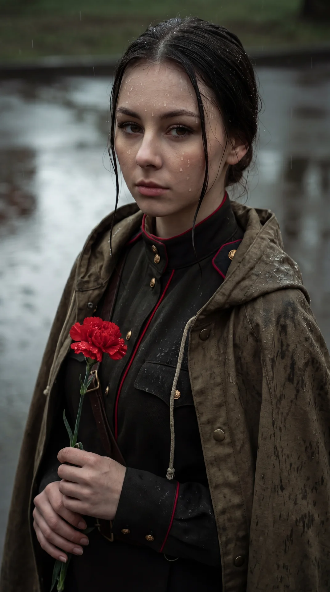 Hyperrealistic dramatic portrait, a young woman in a Soviet military uniform and a wet canvas poncho standing in light spring rain. She is holding a single red carnation. Melancholic but proud expression, wet fabric texture, water drops on her face, cinem
